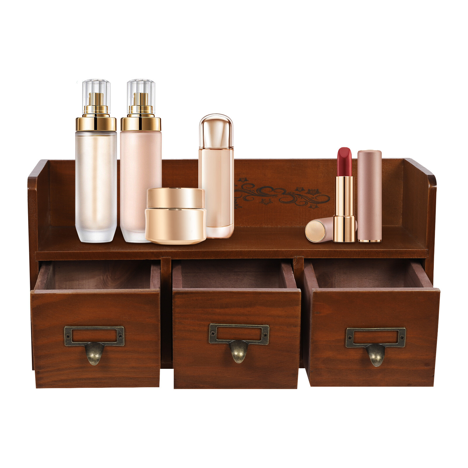 Retro 3 Drawers Wood Desktop Storage Cabinet Cosmetic Jewelry Organizing Cabinet