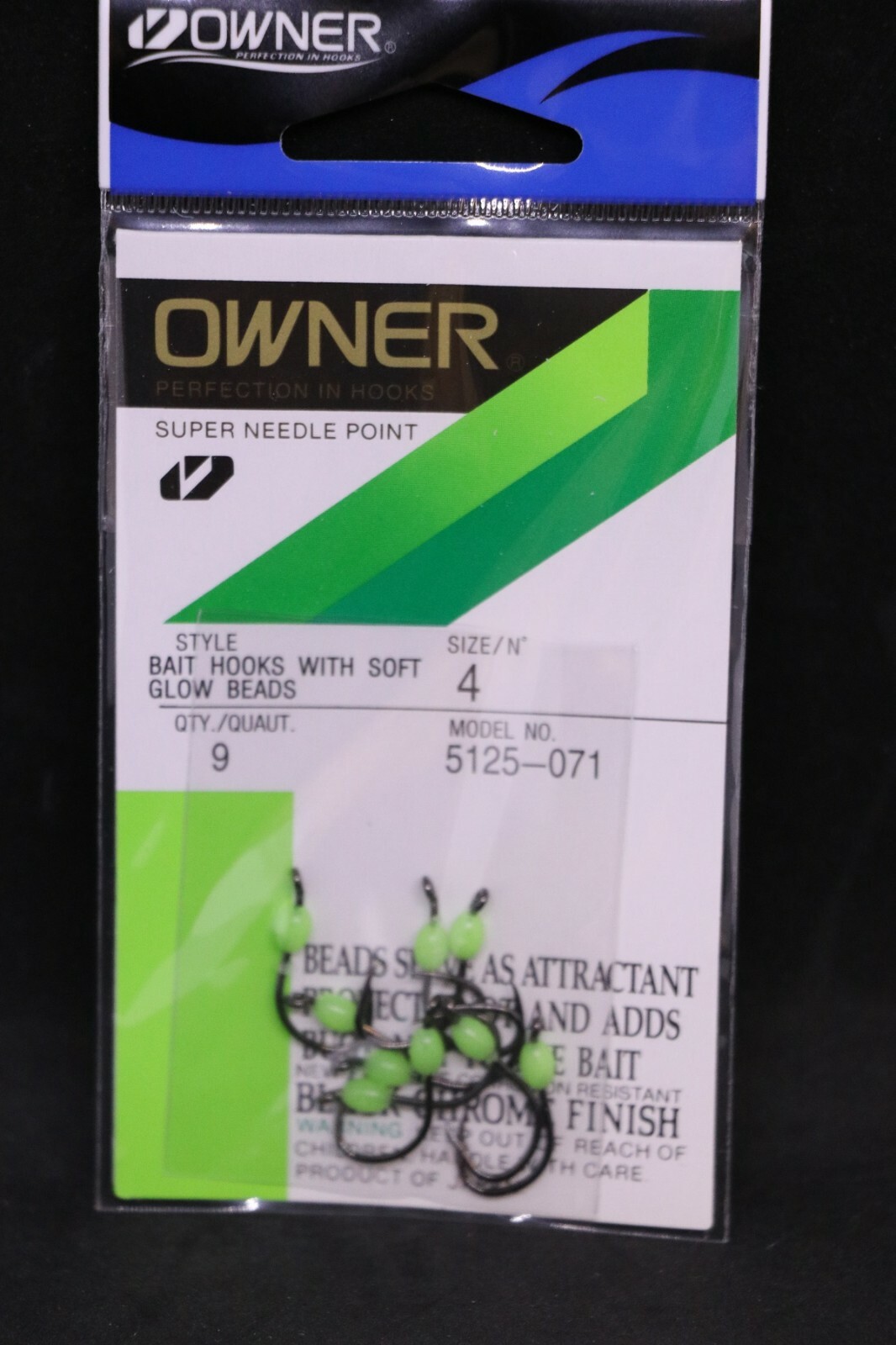 Owner Walleye Bait Hook with Soft Glow Beads - Black - Size 4 - Pack of 9