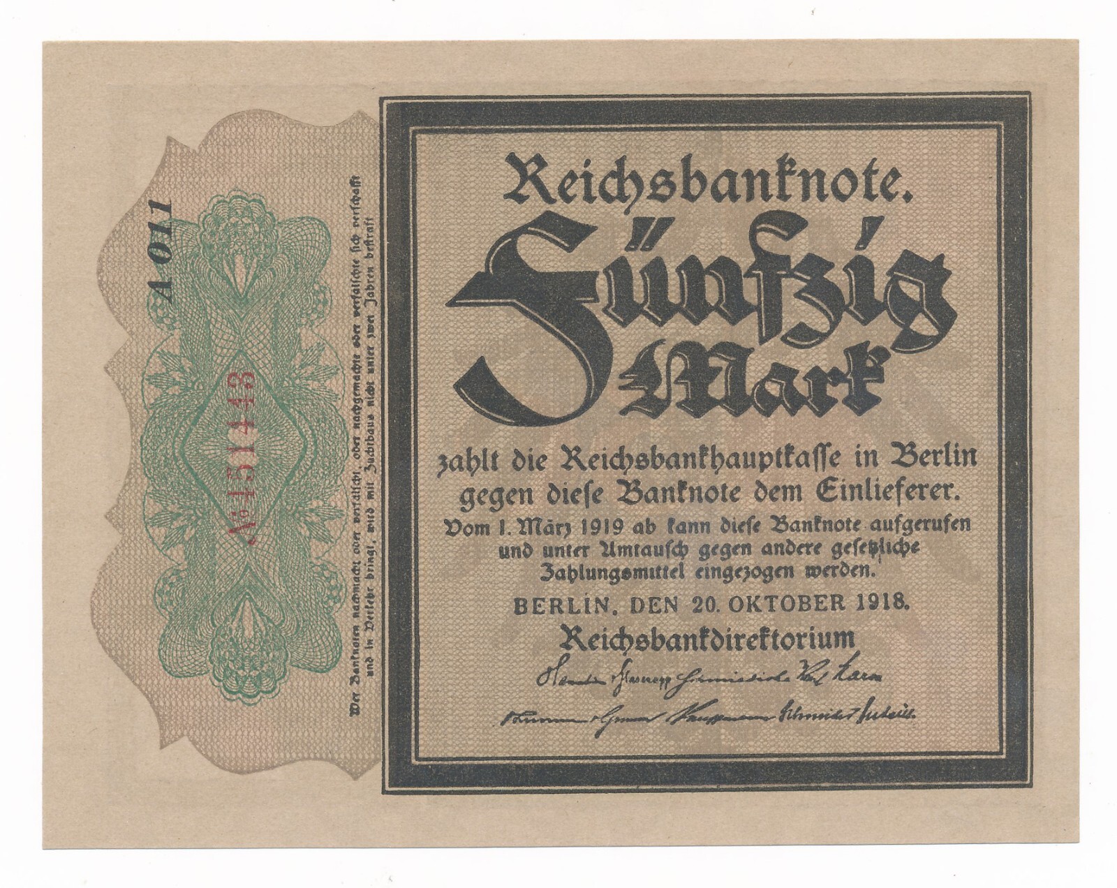 Germany 50 Mark 1918  P. 64 / 64c  AU/Unc "Trauerschein" (Mourning) Note Scarce