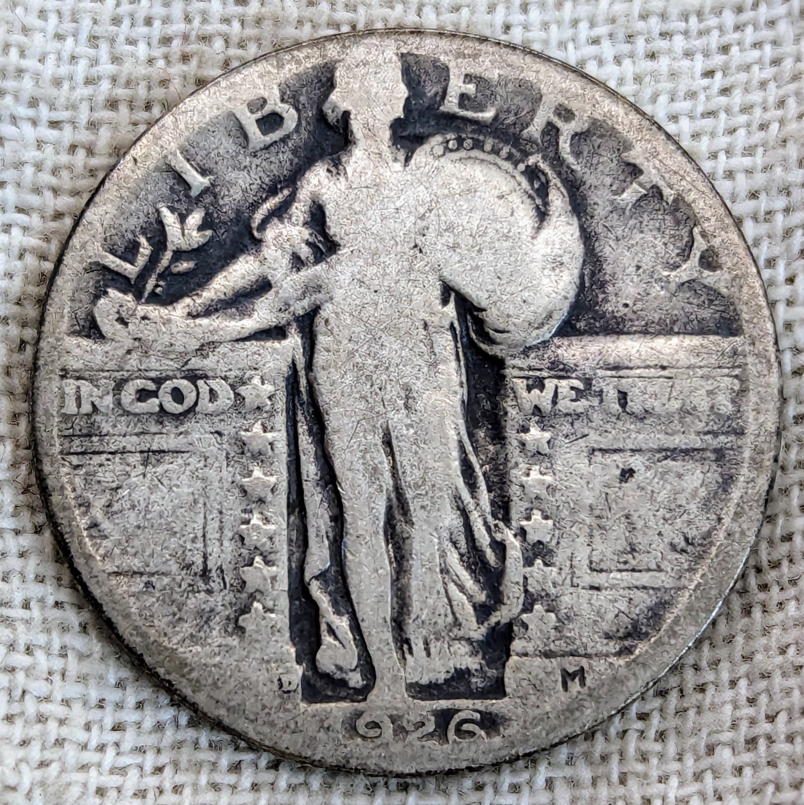 1926 D Standing Liberty Quarter : Original Tone, Low Mintage 1.7M - .9 Fine