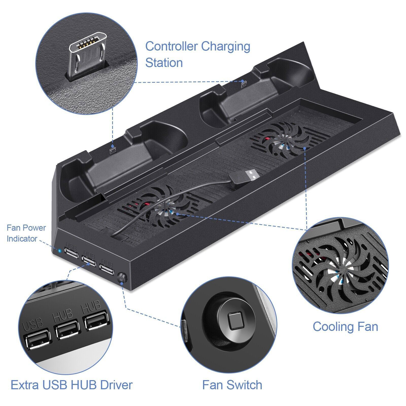 PS4 Cooling Station Vertical Stand 2 Controller Charging Dock For PlayStation 4