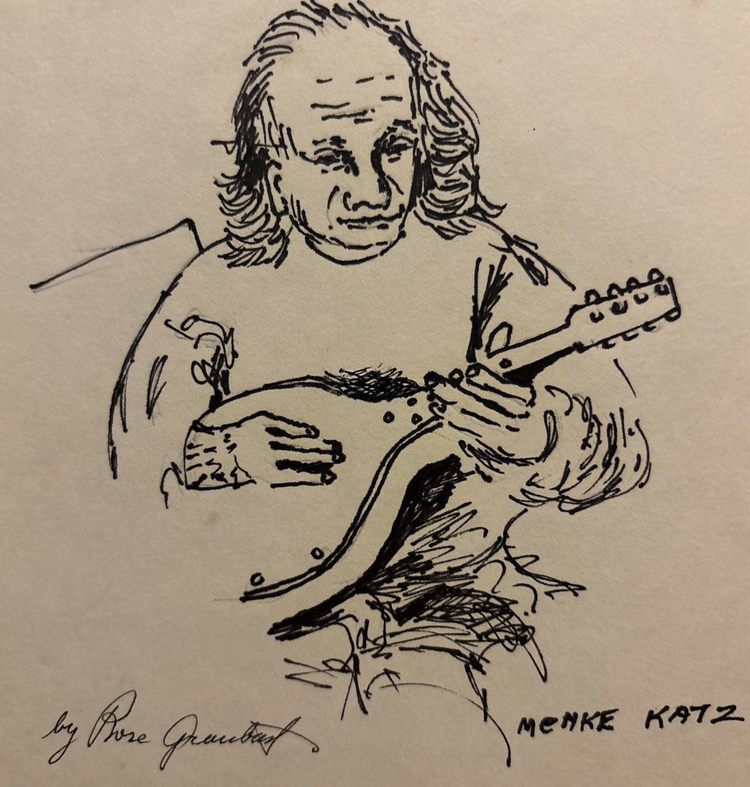 Rose Graubart Ignatow (American) Ink Drawing Portrait of Menke Katz with Guitar