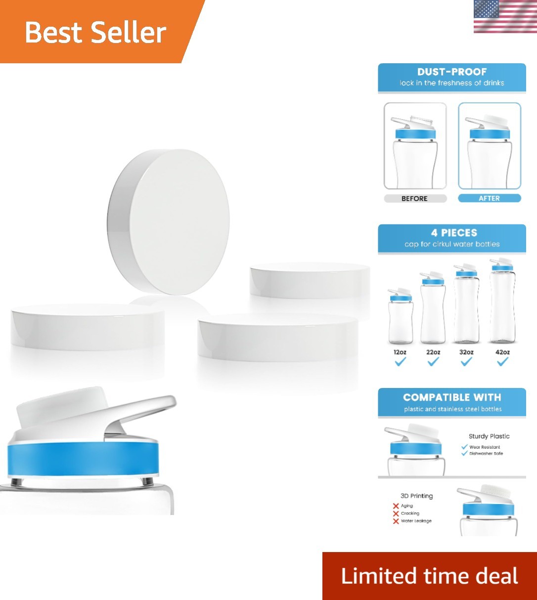 4-Pack Cirkul Water Bottle Lids - Leak-Proof & Dishwasher Safe Caps