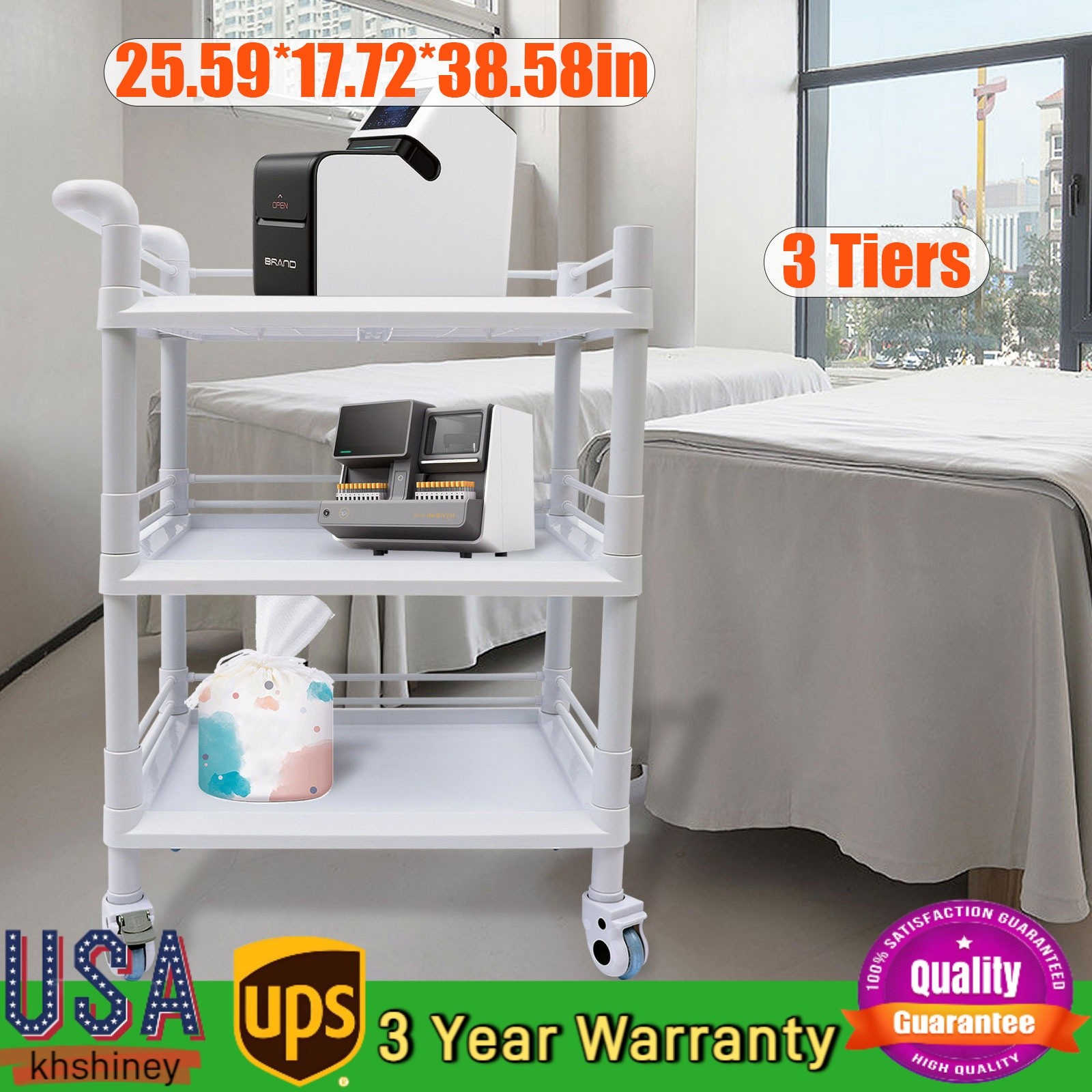 3 Tier Medical Trolley Dental Lab Salon Mobile Rolling Cart High Quality ABS USA