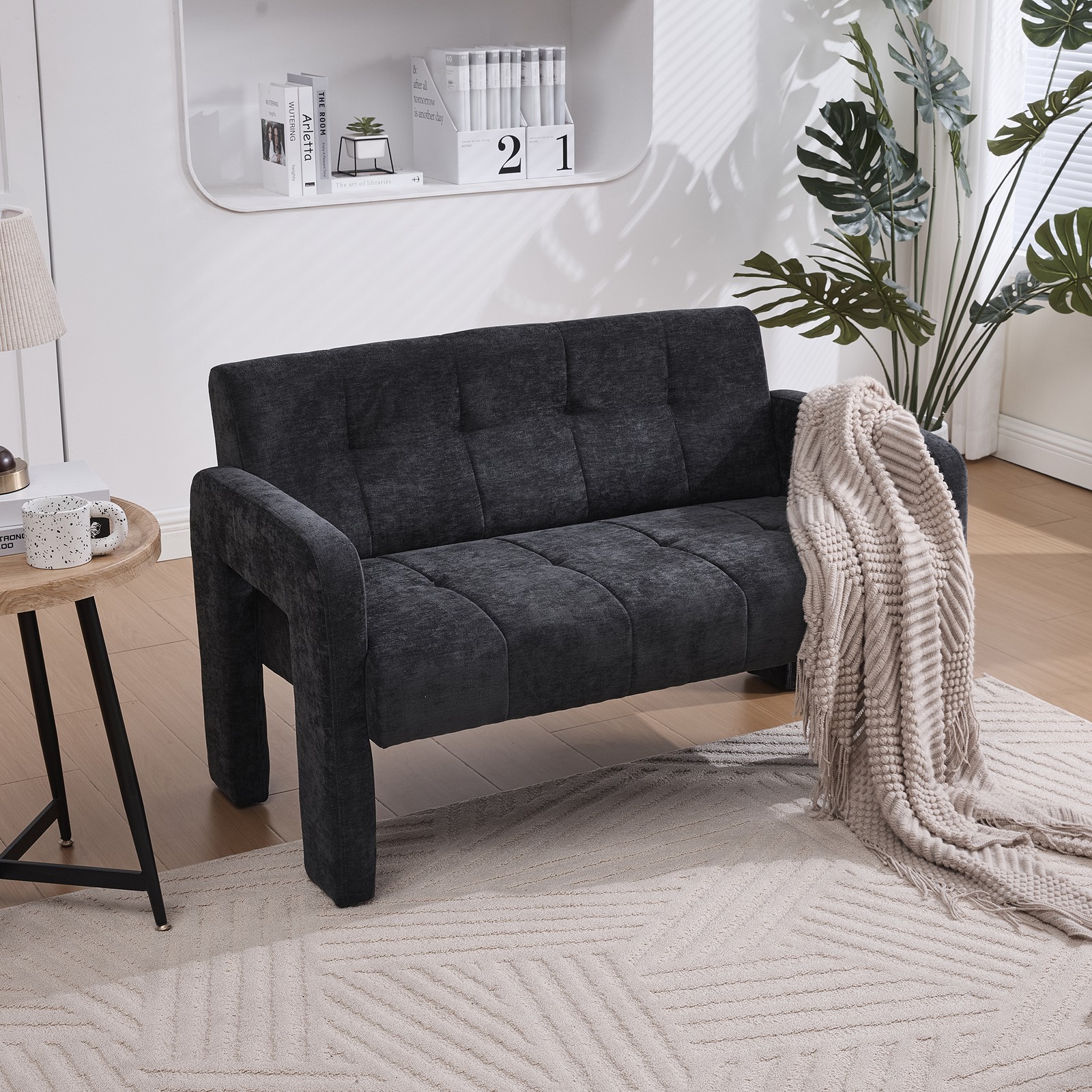 Nordic Modern Double Armchair Loveseat Sofa Chenille Black