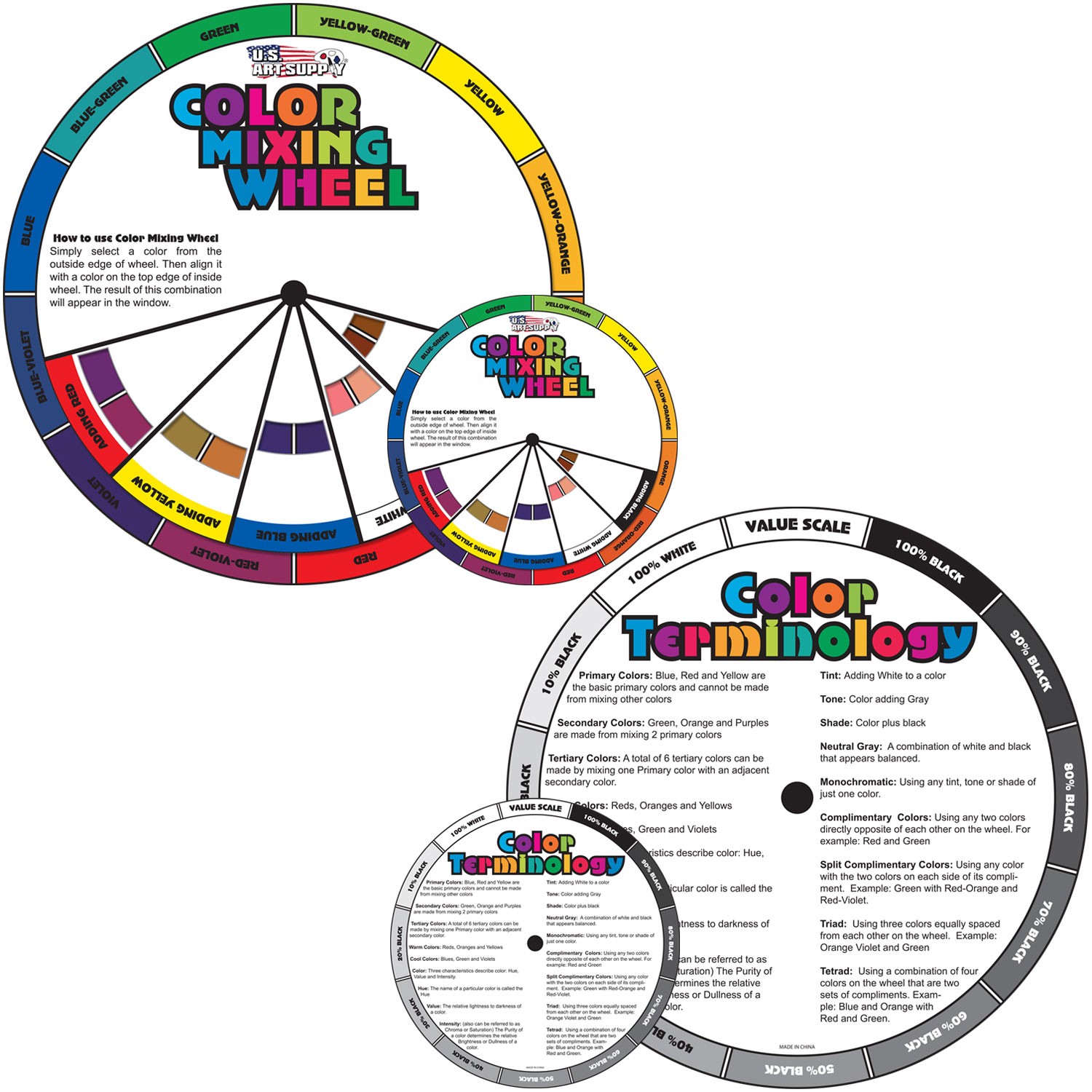U.S. Art Supply 4" & 8" Color Mixing Wheel Set, Artist Paint Mix Learning Guides
