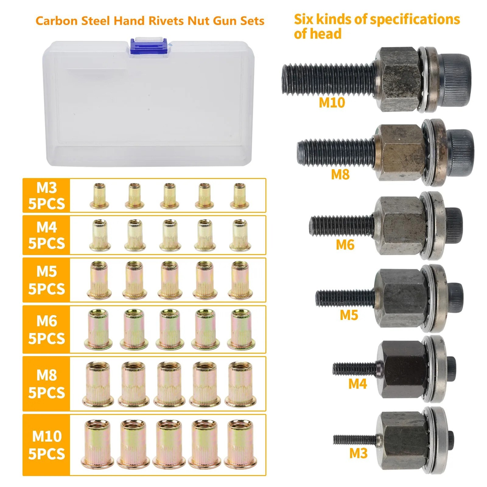 M3-M10 Rivet Nut Gun Head Nuts Easily Assemble Riveter Rivnut Tool Mandrel Kit