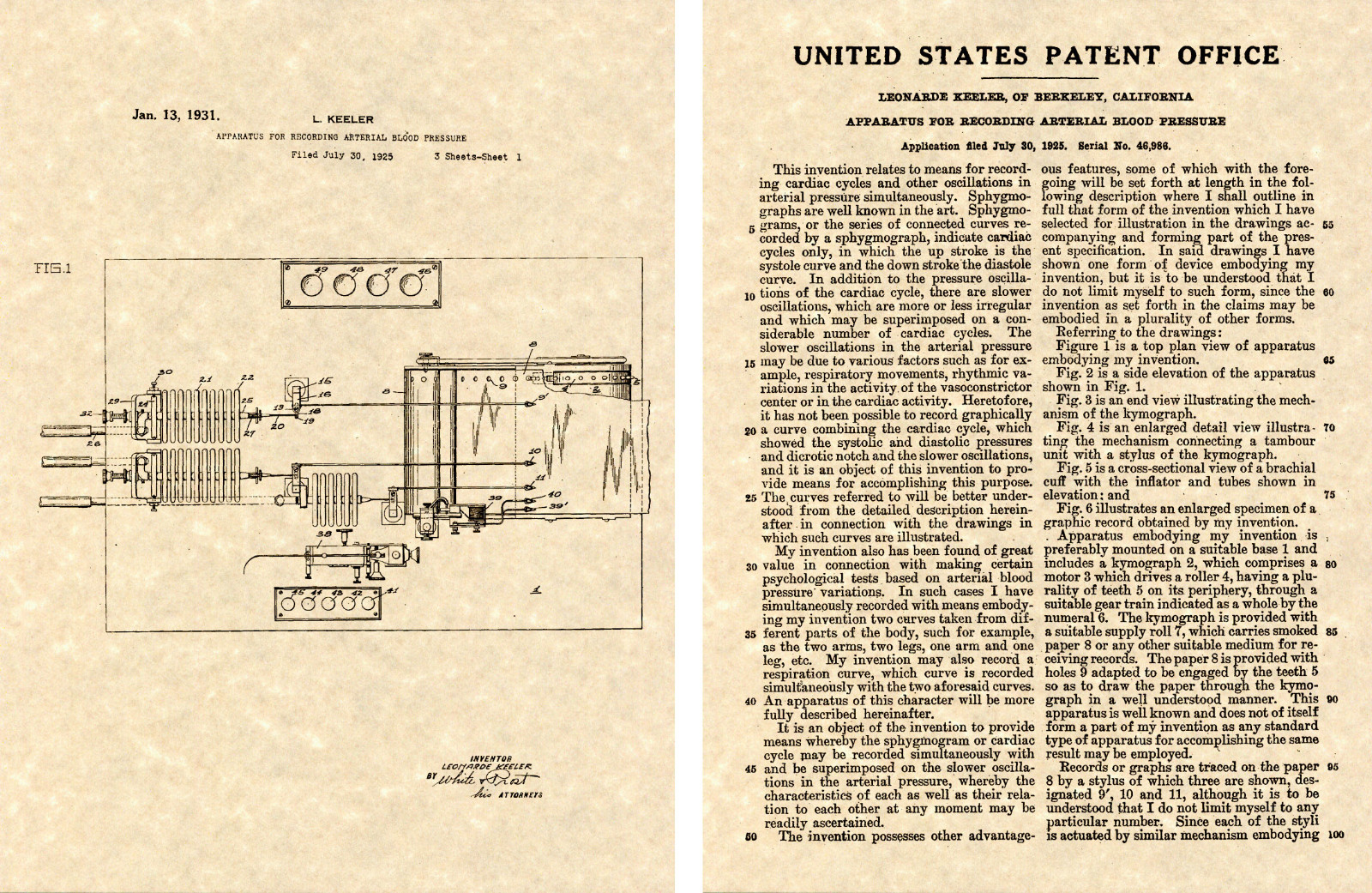 LIE DETECTOR US Patent Art Print READY TO FRAME! 1931 Blood Pressure Polygraph