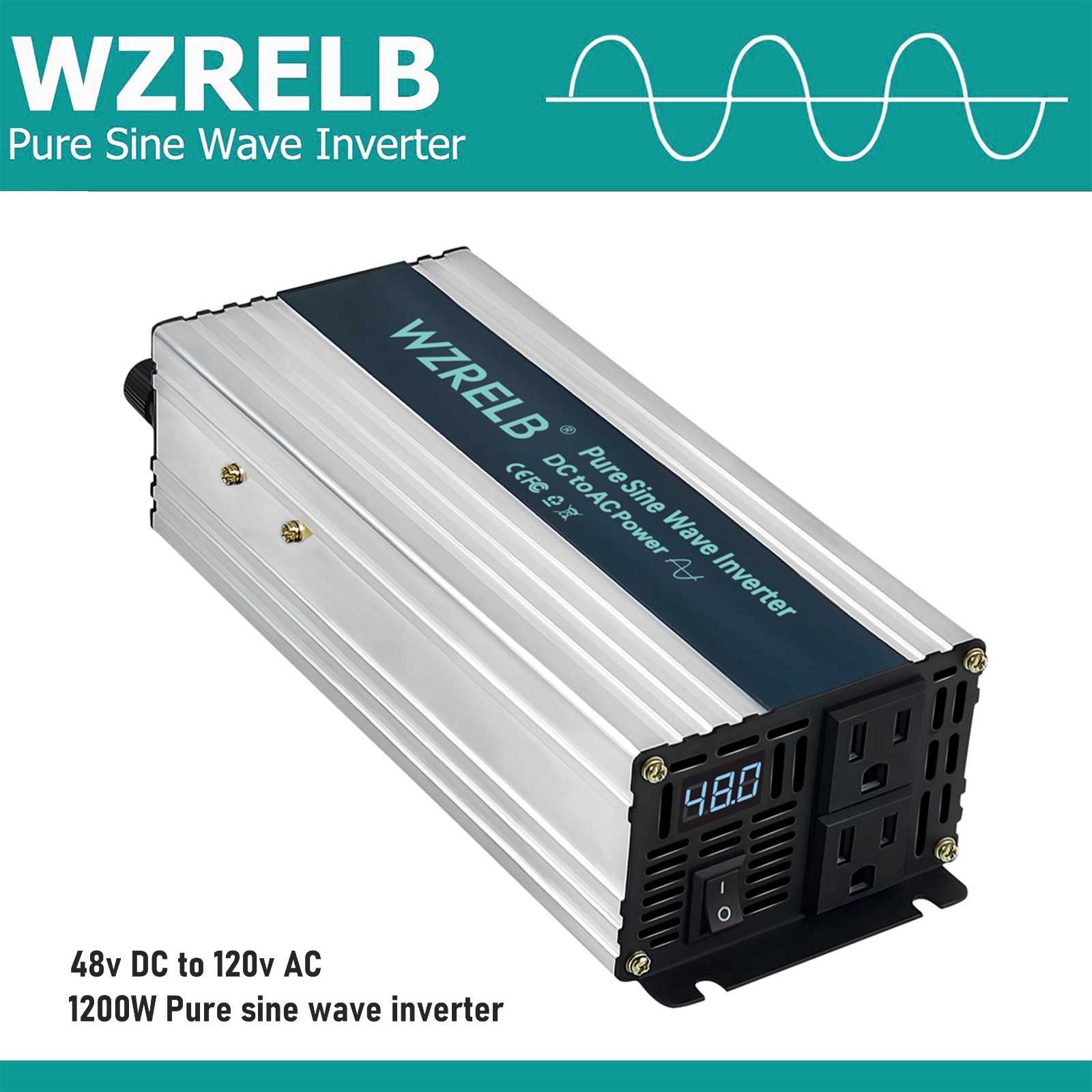 WZRELB 1200W Pure Sine Wave Inverter DC 48V to AC 110V 120V Power Converter camp