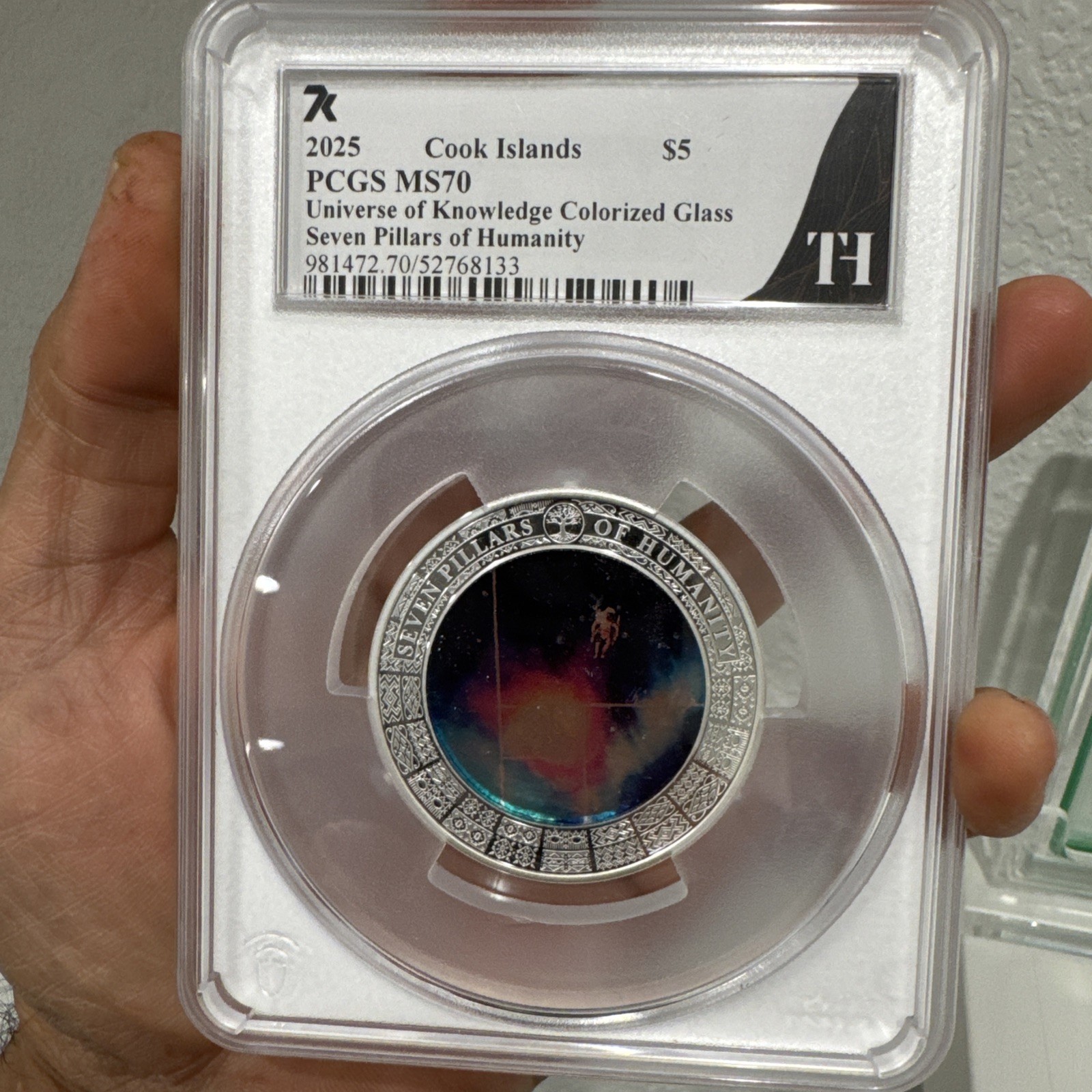2025 $5 Universe Of Knowledge Colorized Glass 1oz Silver Pcgs Ms70 Cook Island