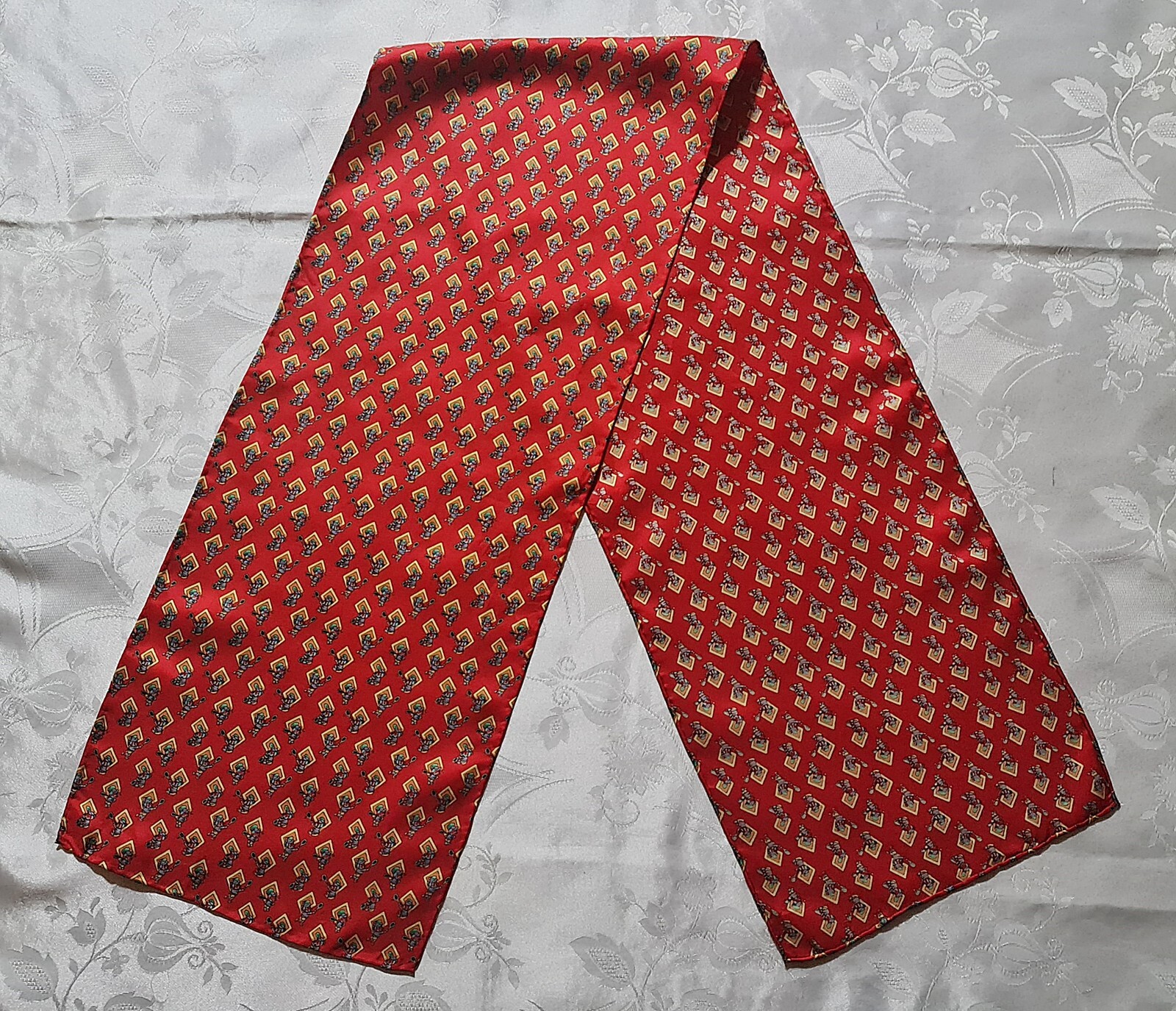 GENTS SCARF VINTAGE AUTHENTIC SPORT ART TENIS RED BLUE YELLOW SILK LONG MENS