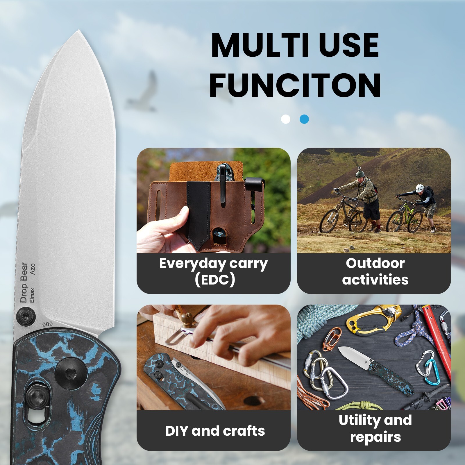 Kizer AZO Drop Bear Folding Knife Elmax Blade Clutch Lock Fatcarbon Ki3619A2