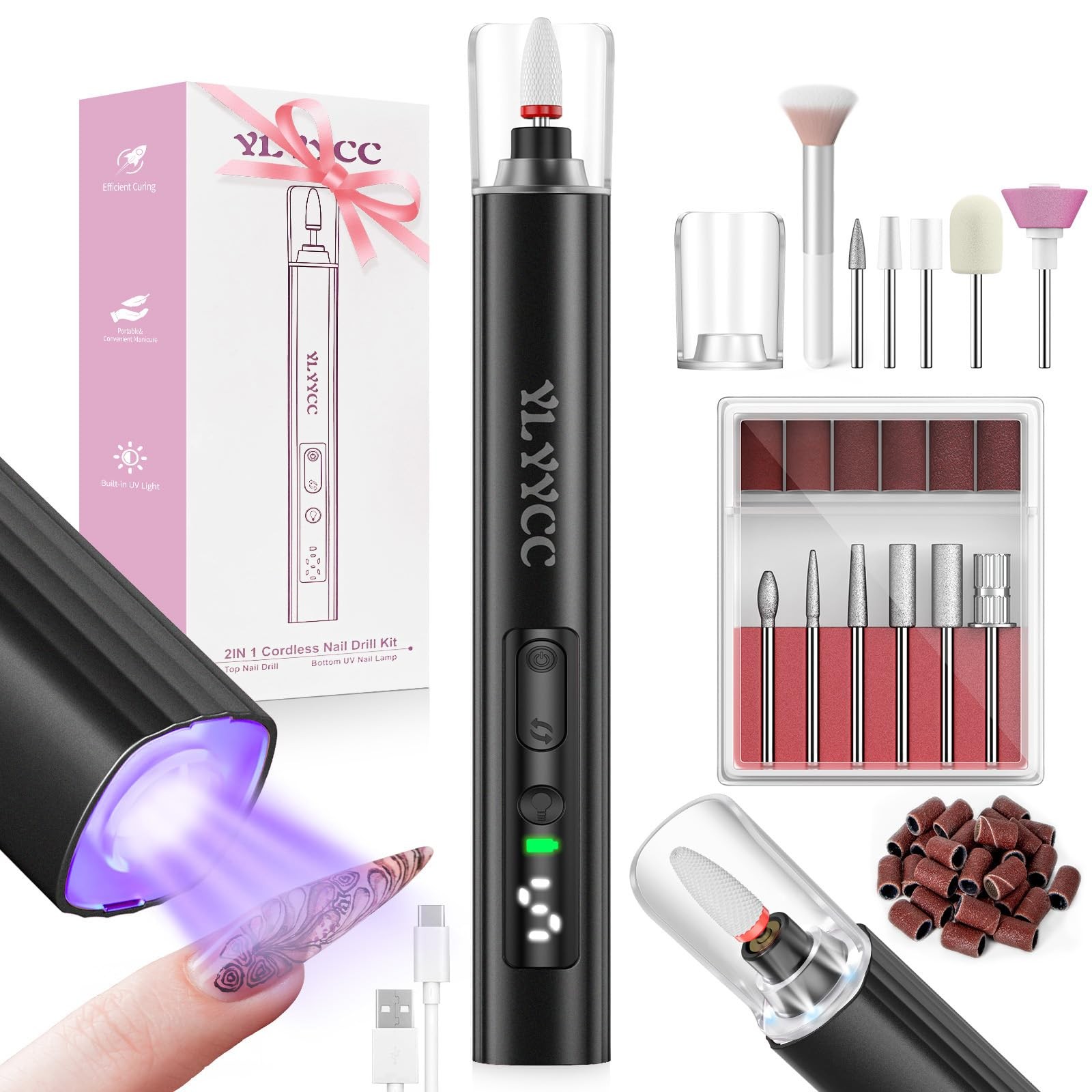 Cordless Nail Drill Electric File with UV Nail Lamp:Professional for Acrylic ...