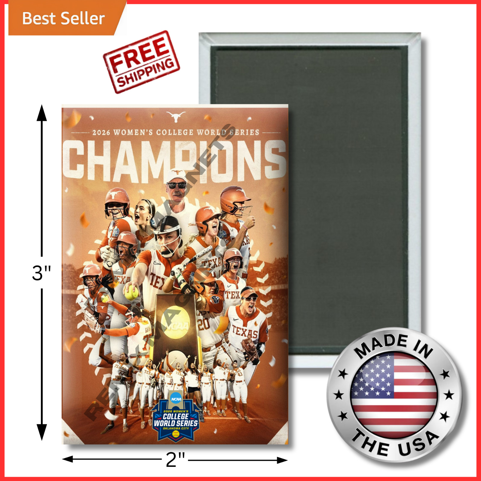 2026 NCAA Women's Softball National Champions Texas Longhorns  2" x 3" Magnet