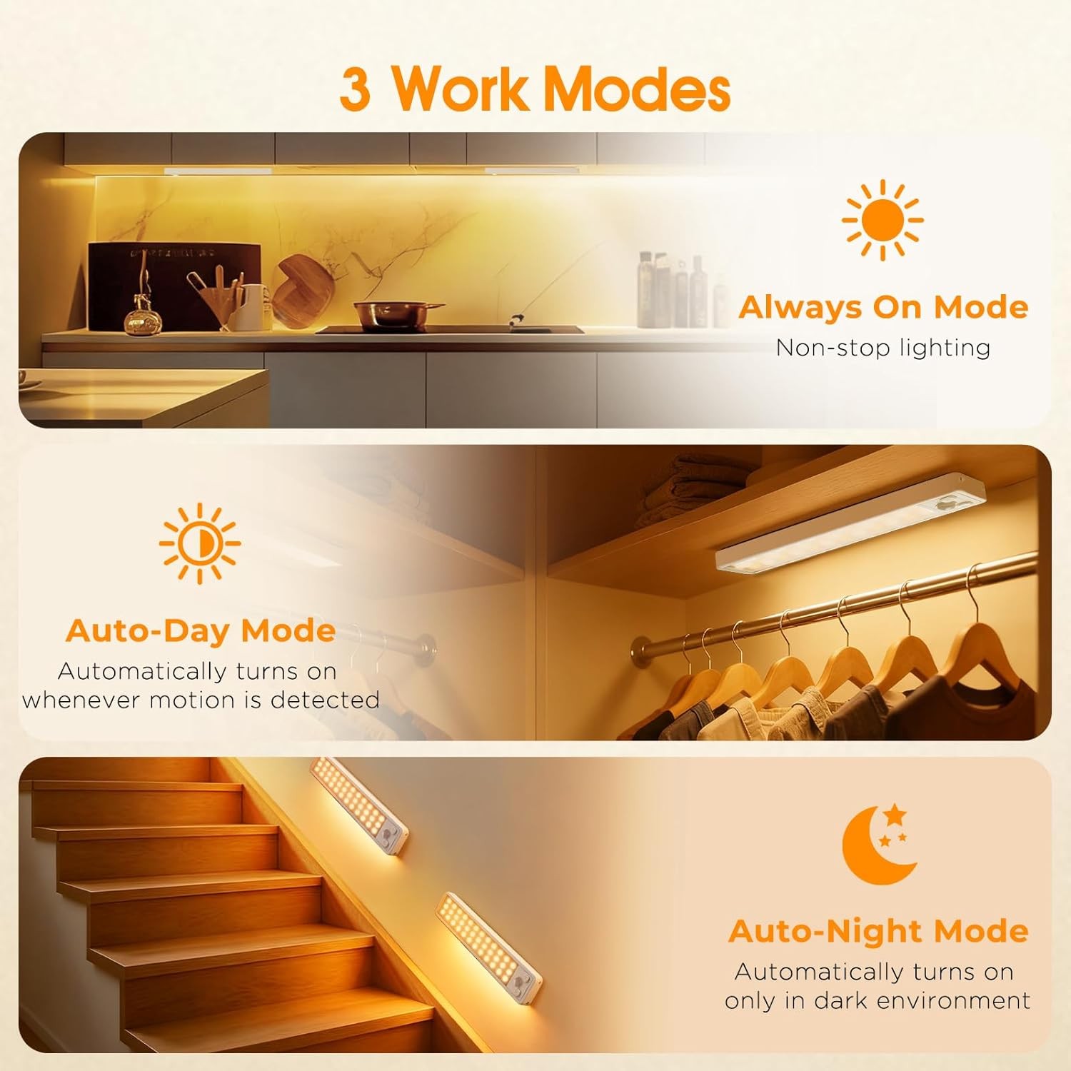 Rechargeable Motion Sensor Under Cabinet Lights Dimmable 3 Color LED Lighting