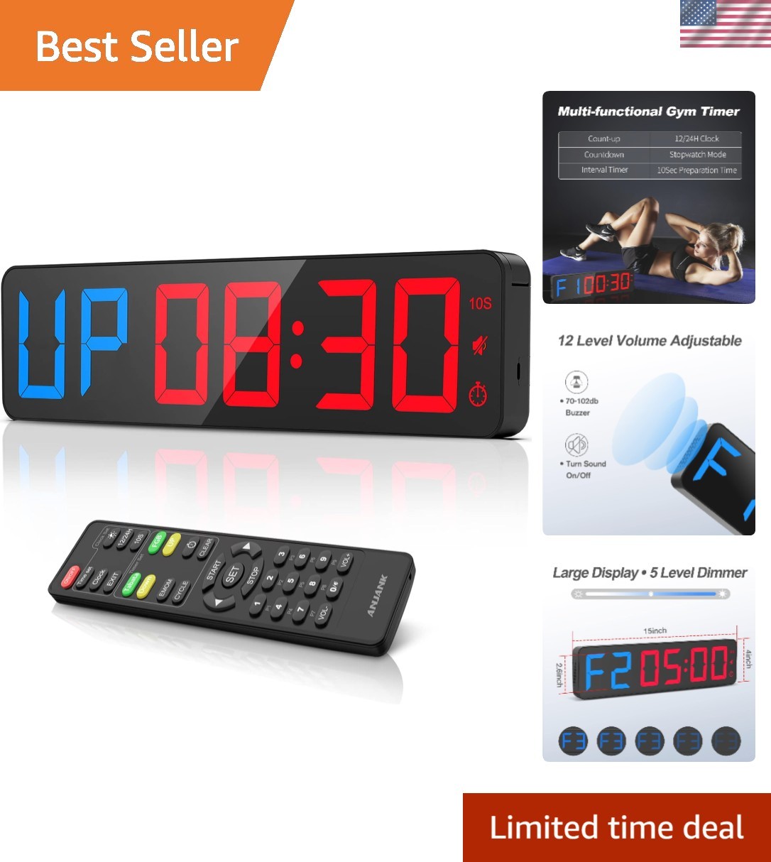 Gym Timer 15" Large LED Display Wall Clock | Gym Interval Workout | Count Dow...