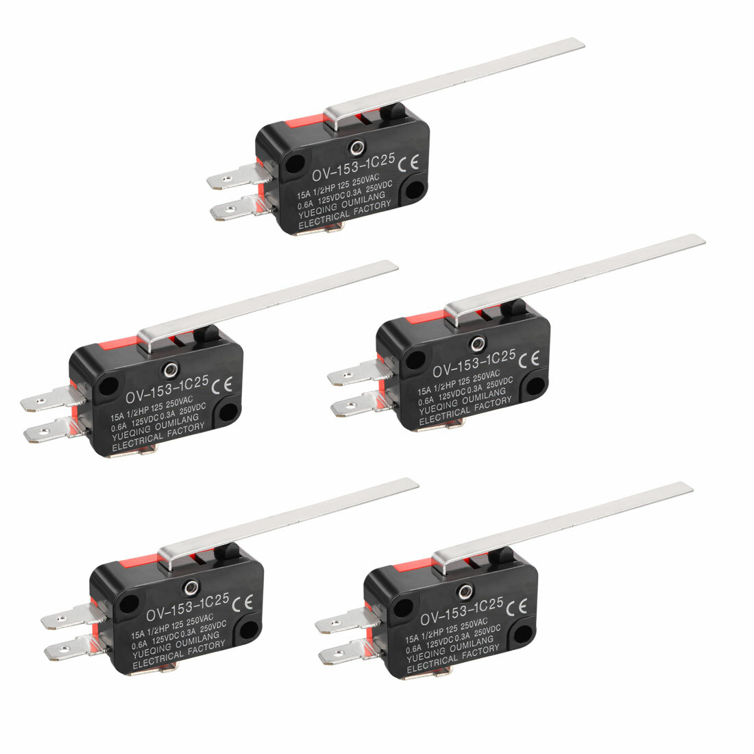 5PCS 15A 125/250VAC SPDT NO NC 3 Terminals Long Straight Lever Action Switches