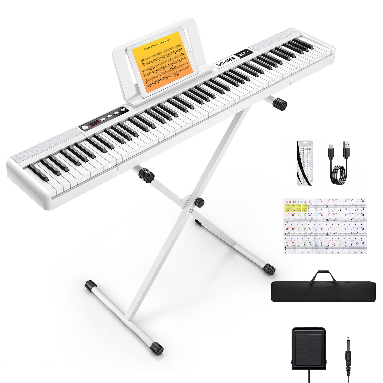 Donner DEP-1 Digital Piano Keyboard 88 Key + Stand Pedal Bag Portable | White