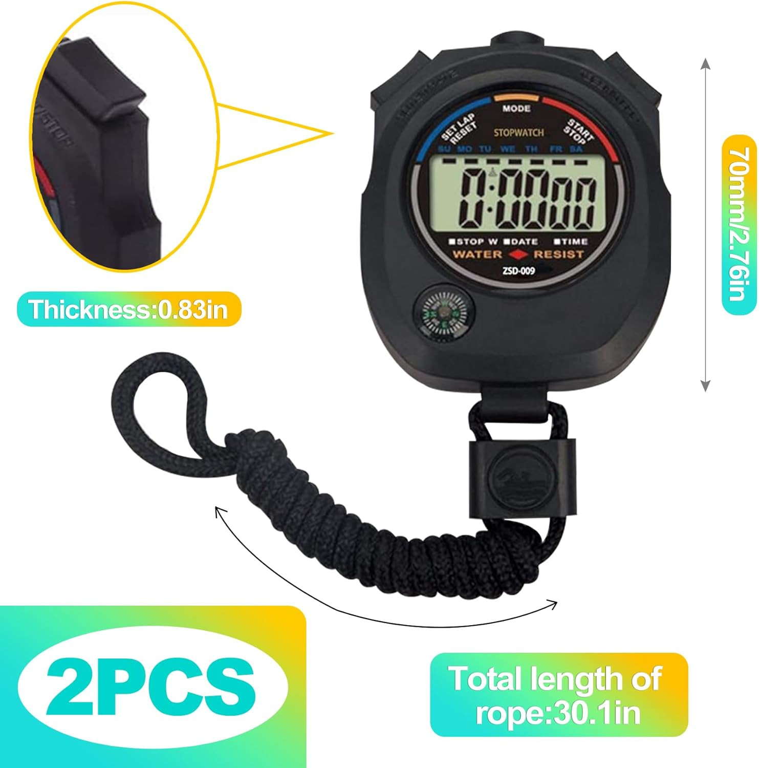 2 Pack Digital Stopwatch Timer: Large Display, 1/100 Sec Accuracy, Time/Date/Ala
