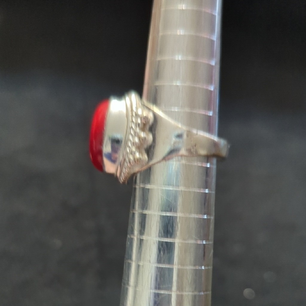 Silver Plated Red Coral Gemstone Oval Chunky Statement Ring - Size 6.5