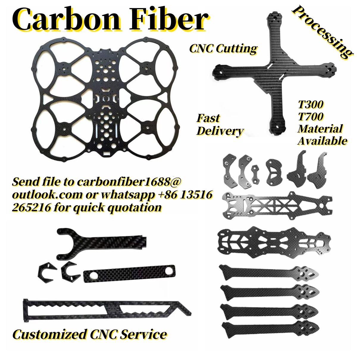 Carbon Fiber Sheet Plate Panel Custom CNC Cut Process Carve FPV Drone Arm Frame
