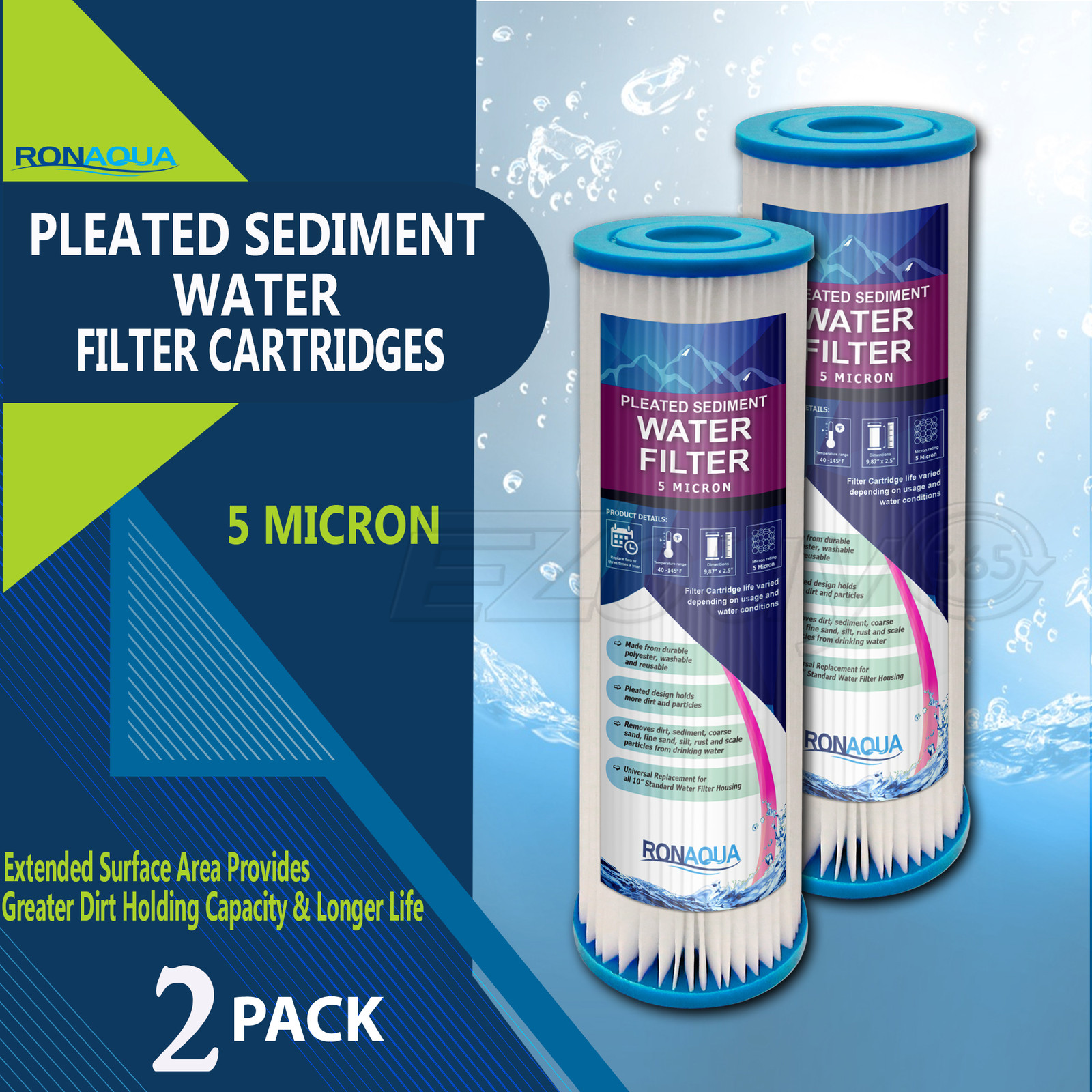 Pleated Sediment Water Filters 2 Washable 5 Micron Cartridges 9.87"x 2.5