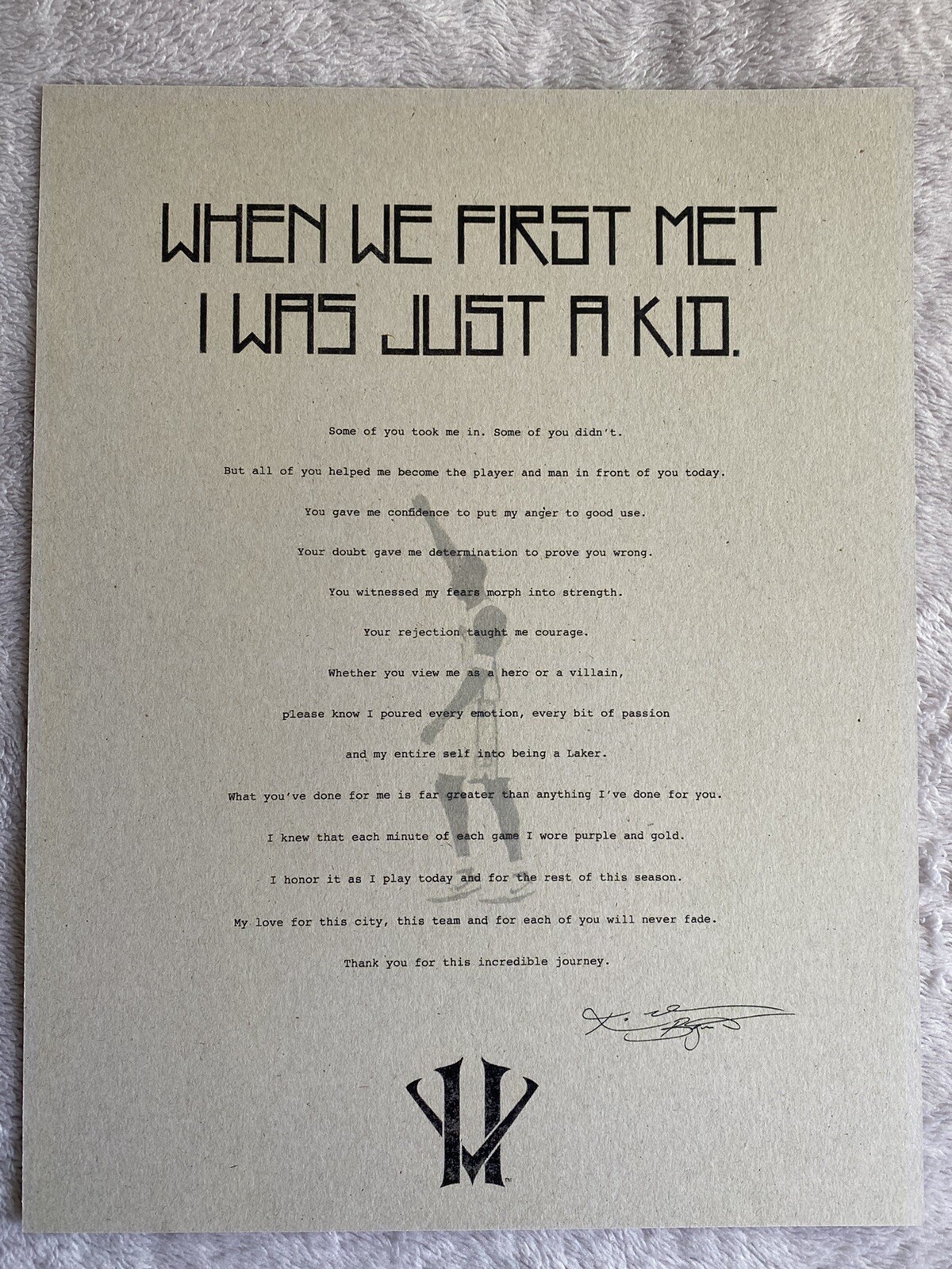 Kobe Bryant Los Angeles Lakers “Dear Basketball” Letter Reprint Hi Quality