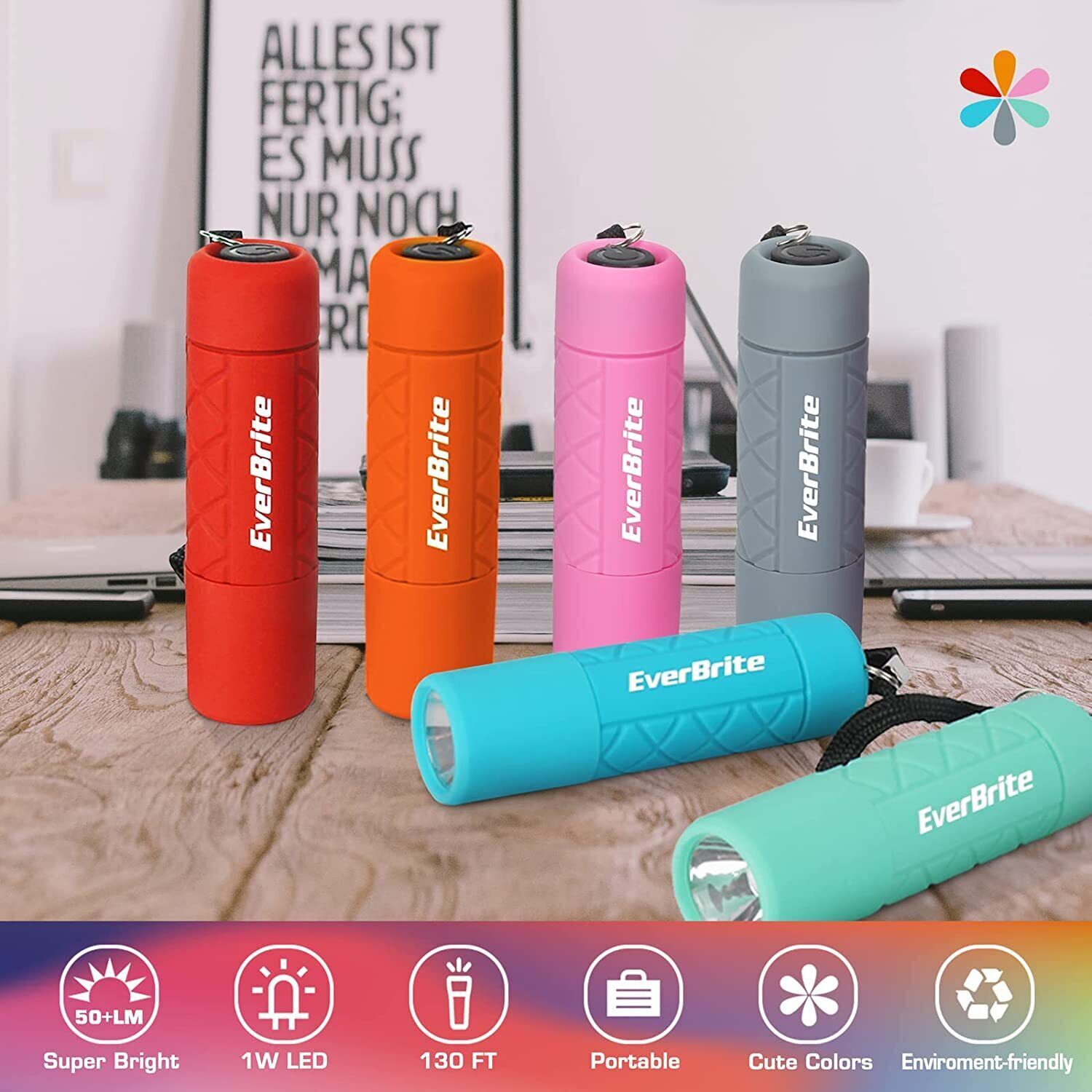 EverBrite 6-Pack Mini Flashlight Set, Small Multicolor Flashlights with Lanyard