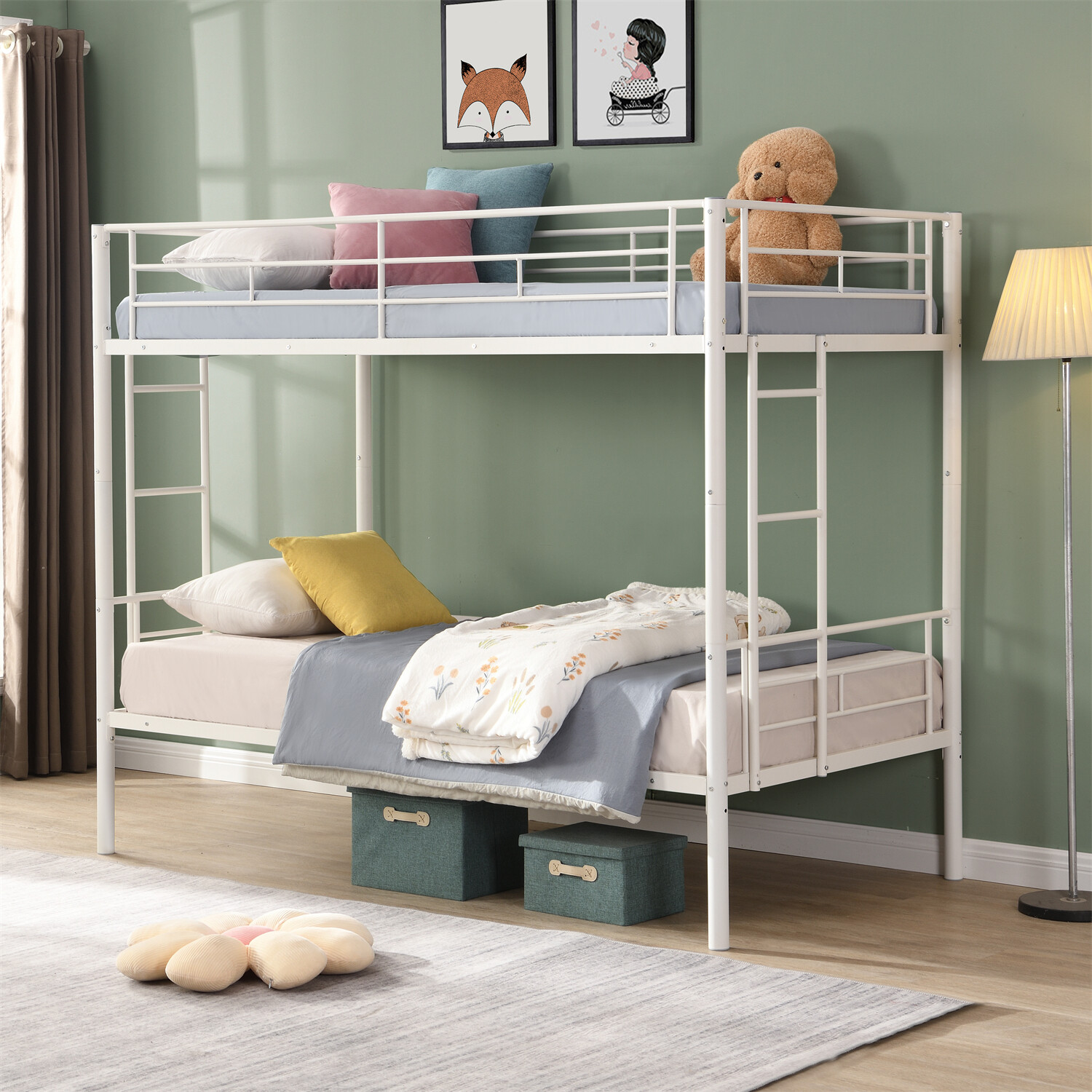 Twin Over Twin Metal Bunk Bed Convertible Twin Size Bed Frame White/Pink