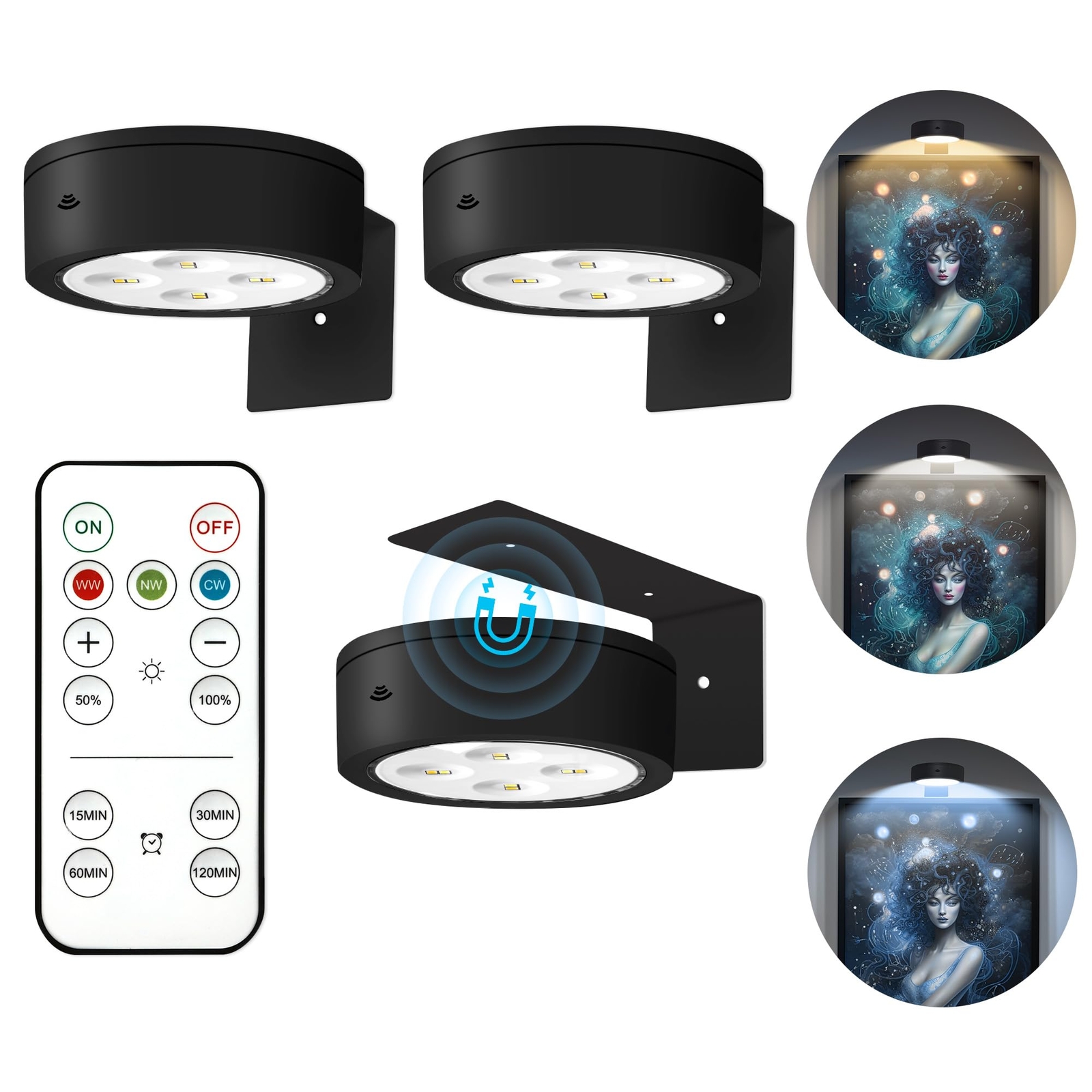 3Pcs Picture Lights for Wall Battery Operated, Magnetic Led Painting Light with