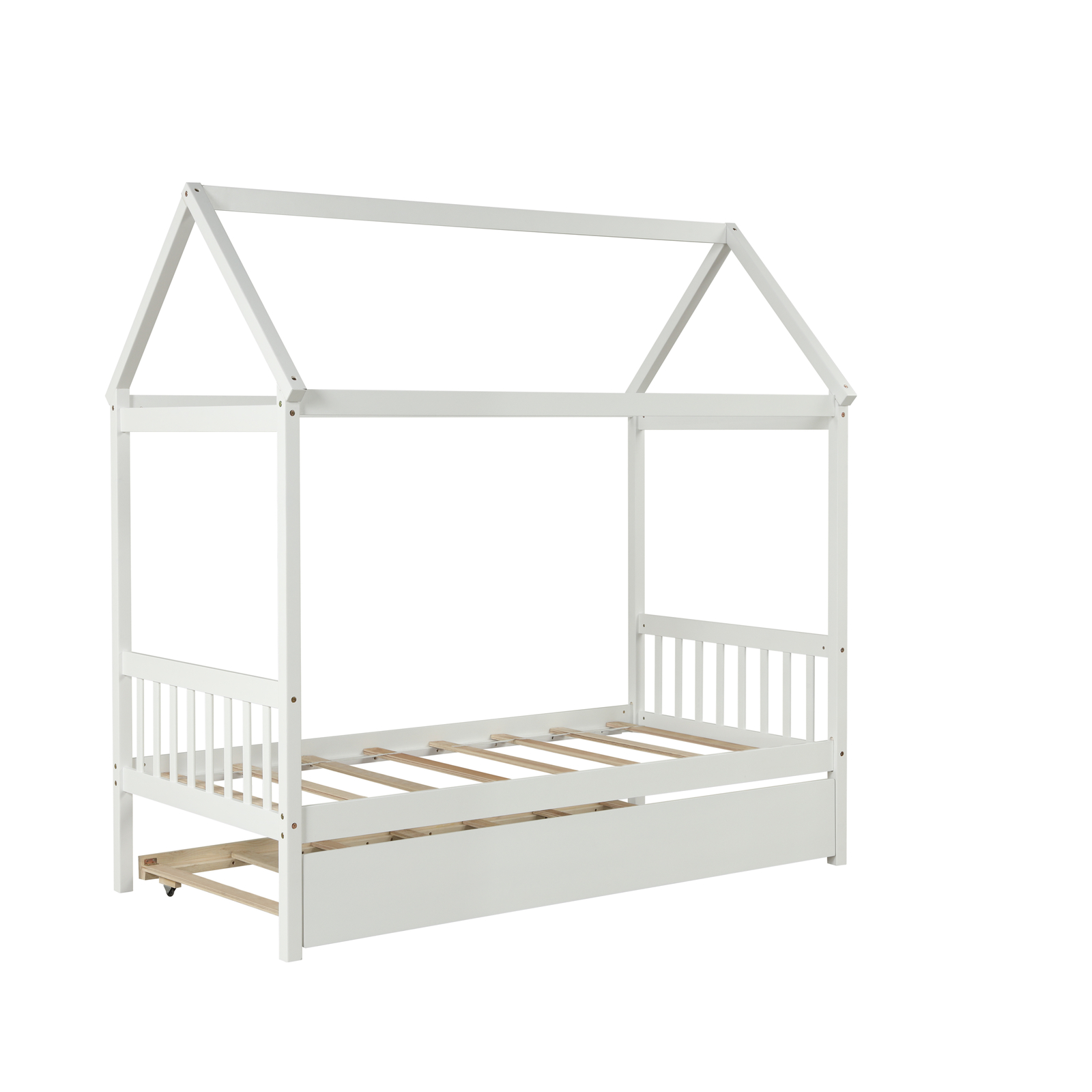 Solid Wood Twin House Bed Frame with Twin Size Trundle No Box Spring Needed New