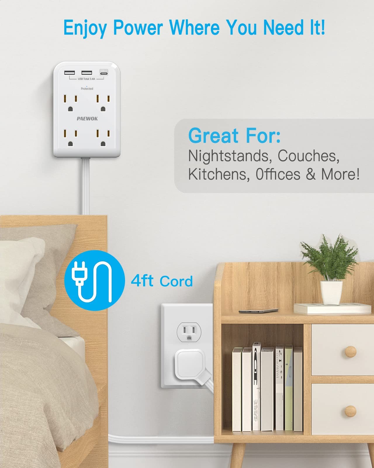 Surge Protector Power Strip, Outlet Extender Stick with USB C 4 FT, White