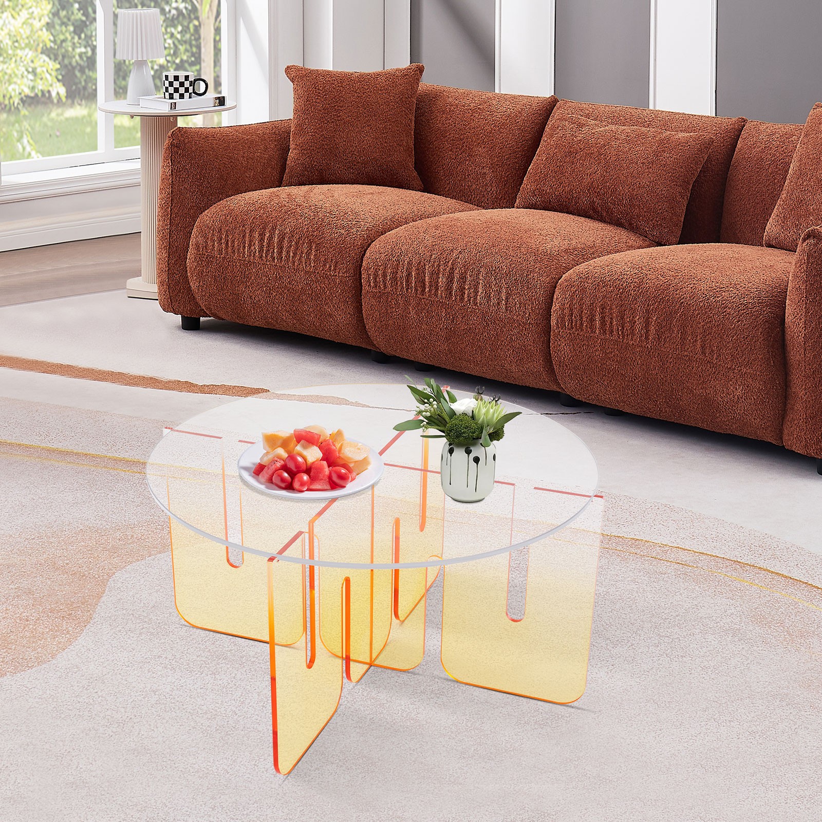 Round Acrylic Coffee Table Gradient Orange Modern Coffee Table with Clear Round
