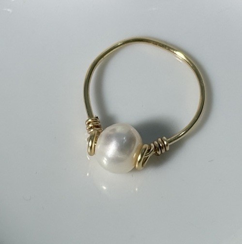 Genuine freshwater White Pearl Gold wire wrapped Ring size 7 handmade