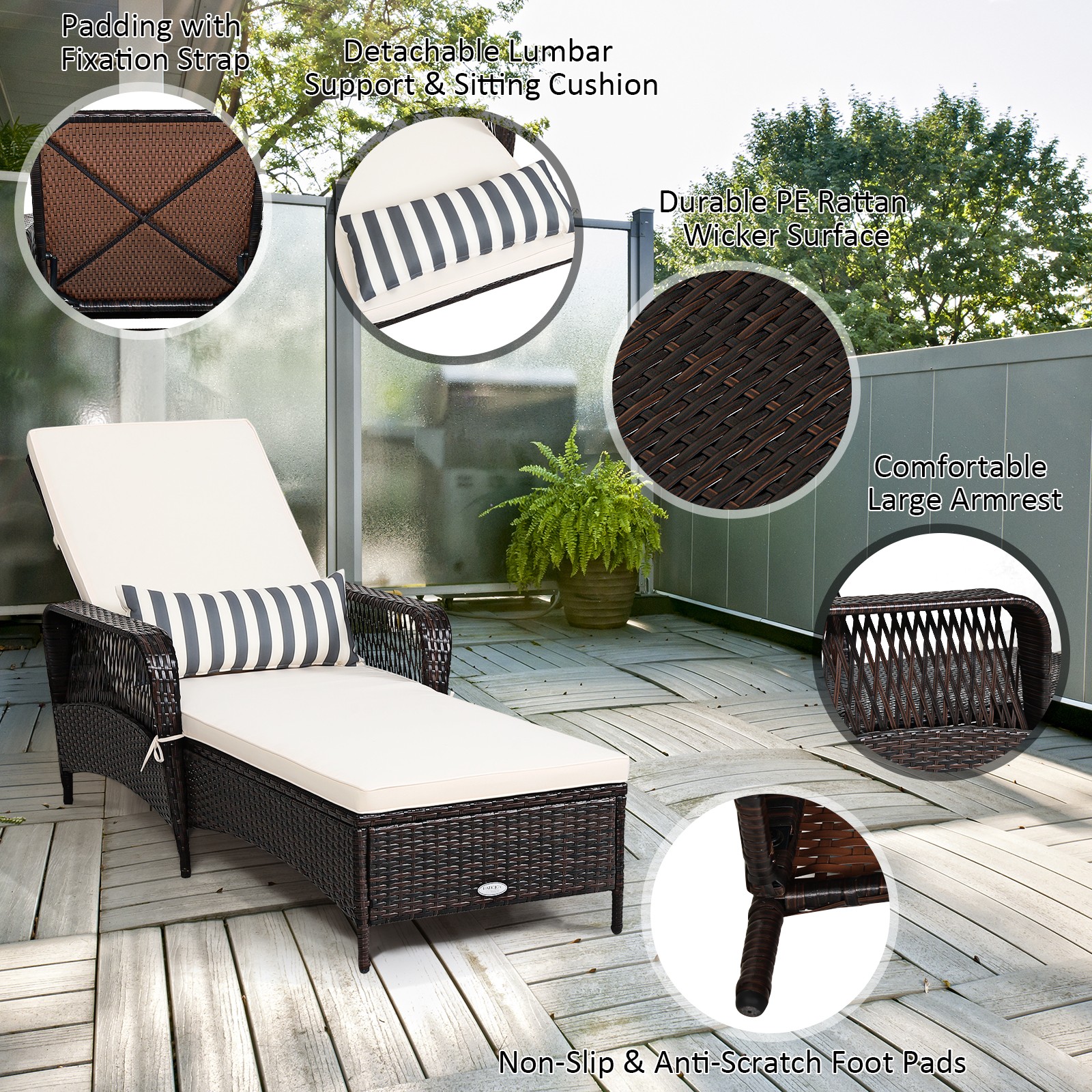 Patiojoy 2 PCS PE Rattan Chaise Lounge Chair Armrest Recliner Adjustable Pillow