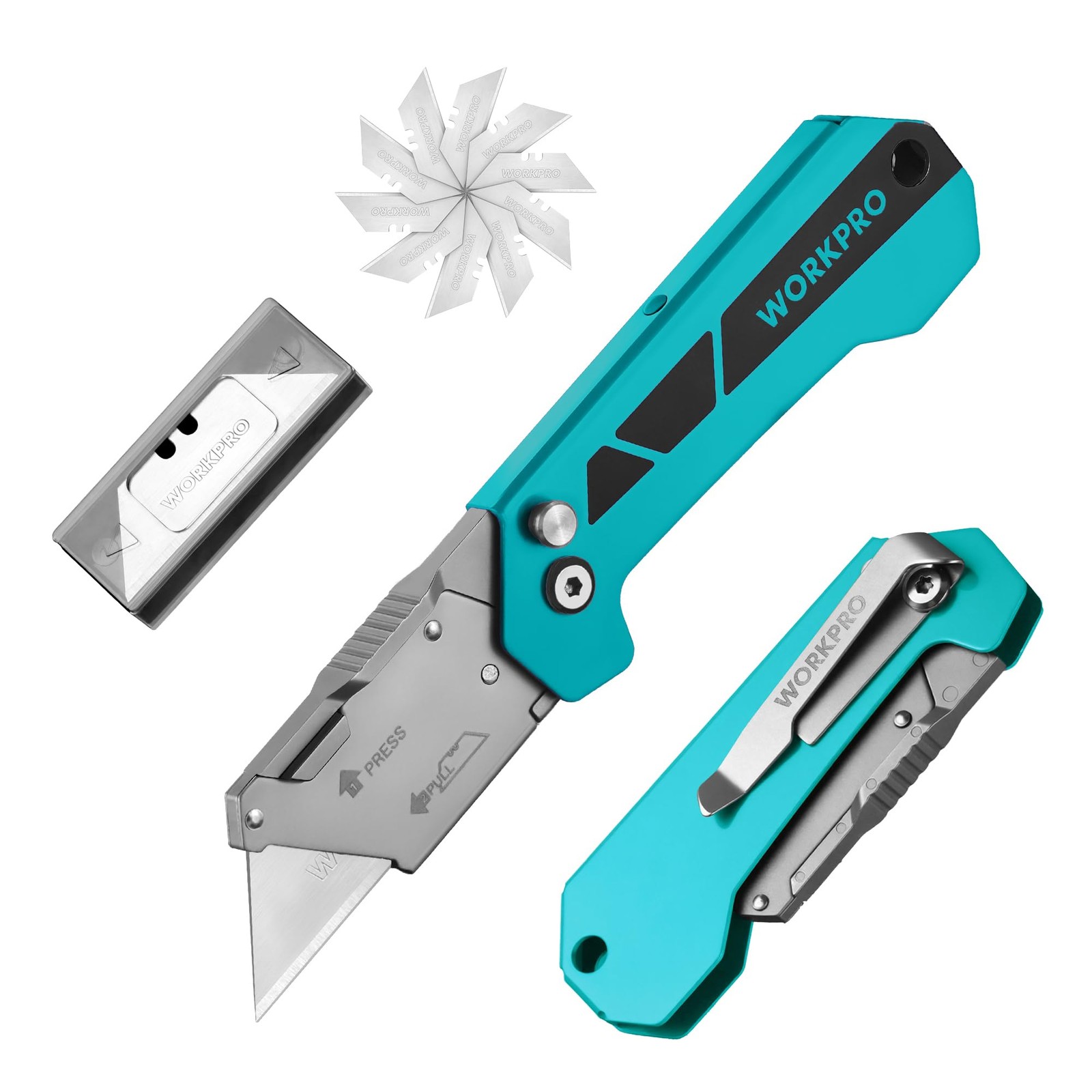 Folding Utility Knife Blue RustResistant Box Cutter Warehouse Tools 10 Blades