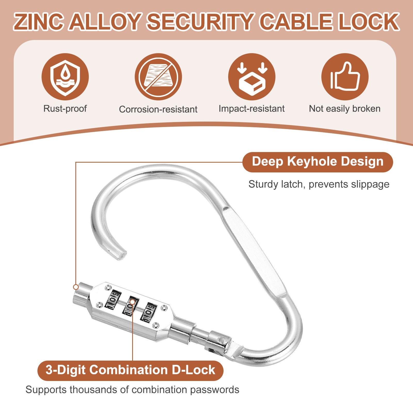 4.8" x 2.4" D-Shaped 3-Digit Code Combination Lock D-Ring Clip Locking, Silver