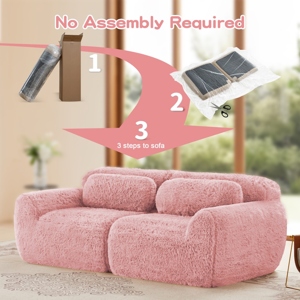 2-seater Sectional Couches Soft Fluffy Plush Fabric Bottom Anti-Slip Design Pink