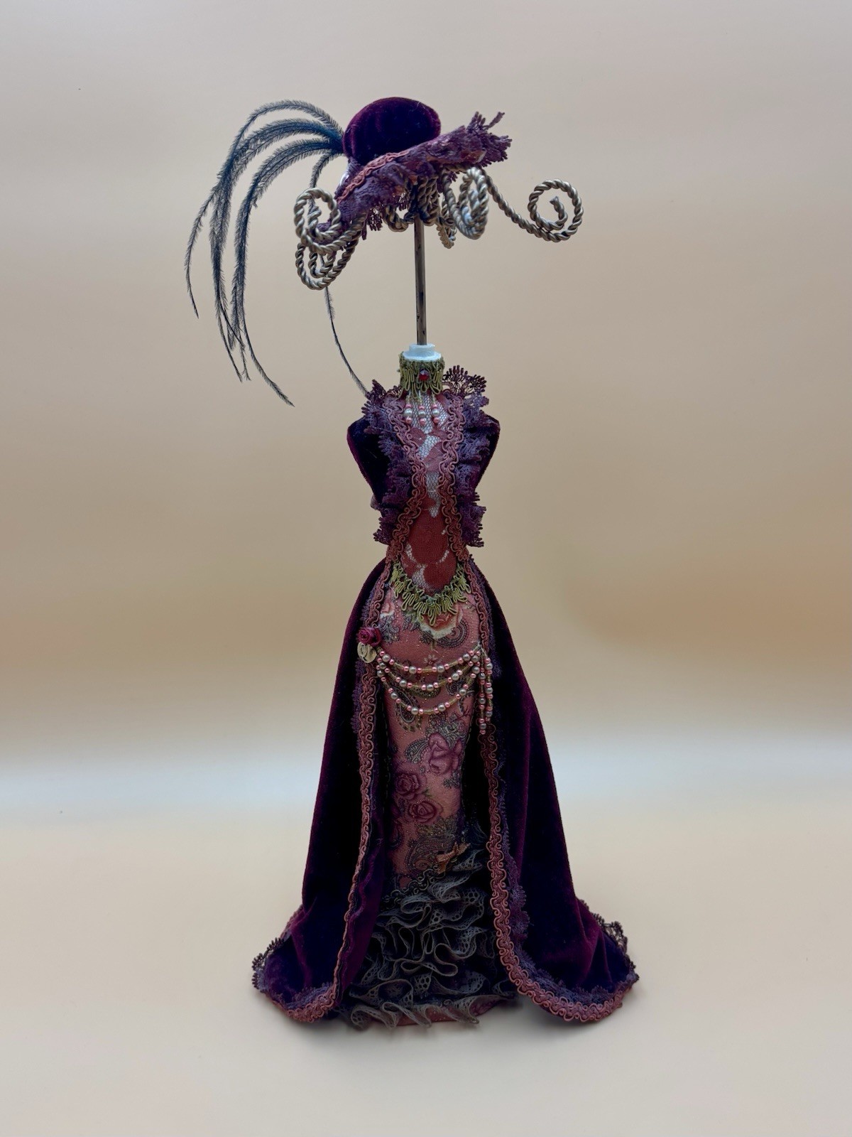 Victorian Dress Form Jewelry Holder Mannequin Velvet Lace Beaded Display