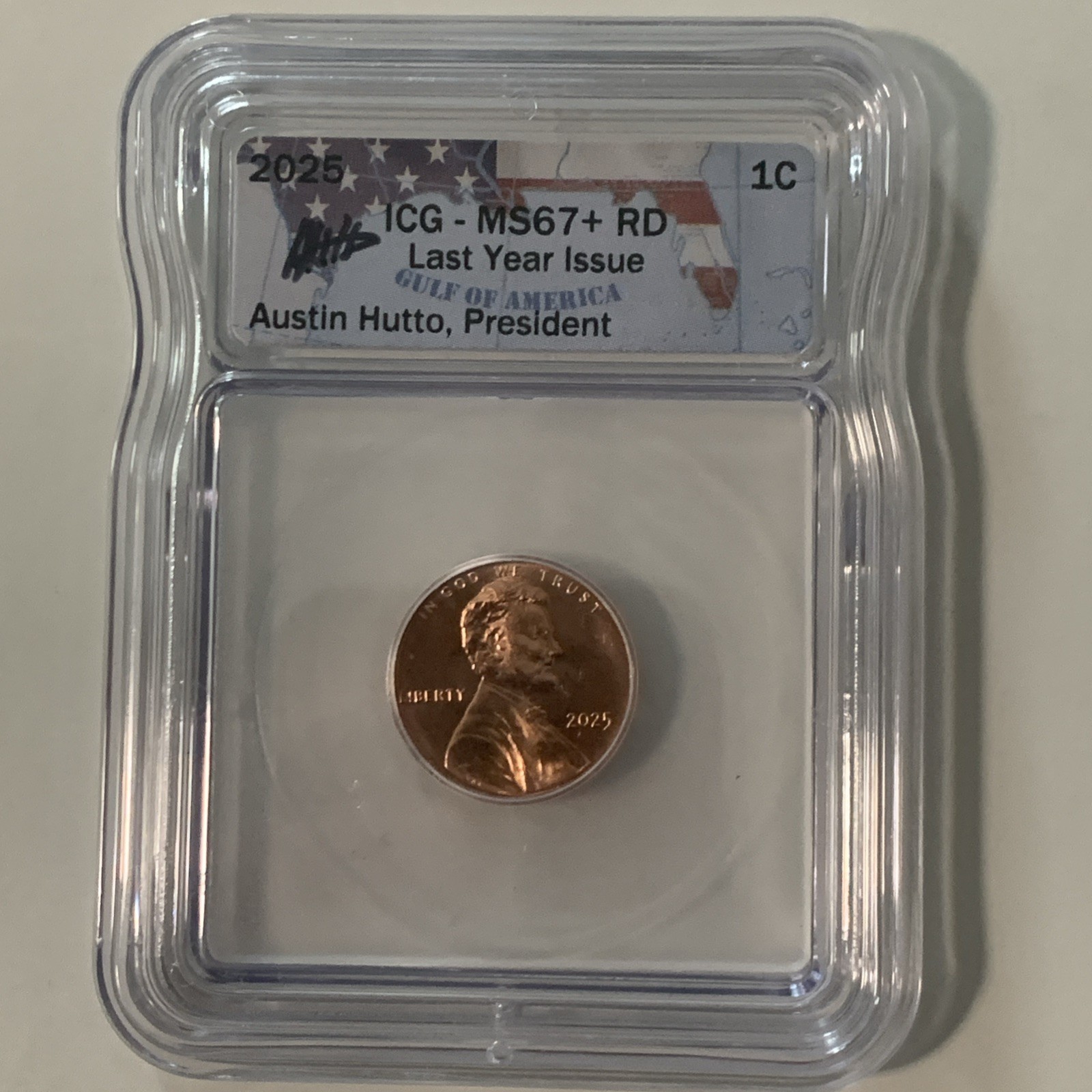 MS67+ RD 2025 1C Lincoln Shield Cent Coin Last Yr Hutto Signed 67 Plus grade