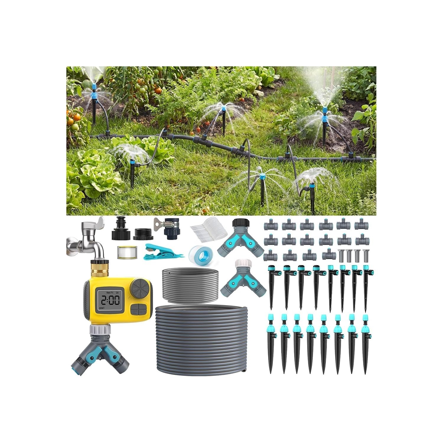 100FT Drip Irrigation System with Timer & 16 Adjustable Nozzles for Garden