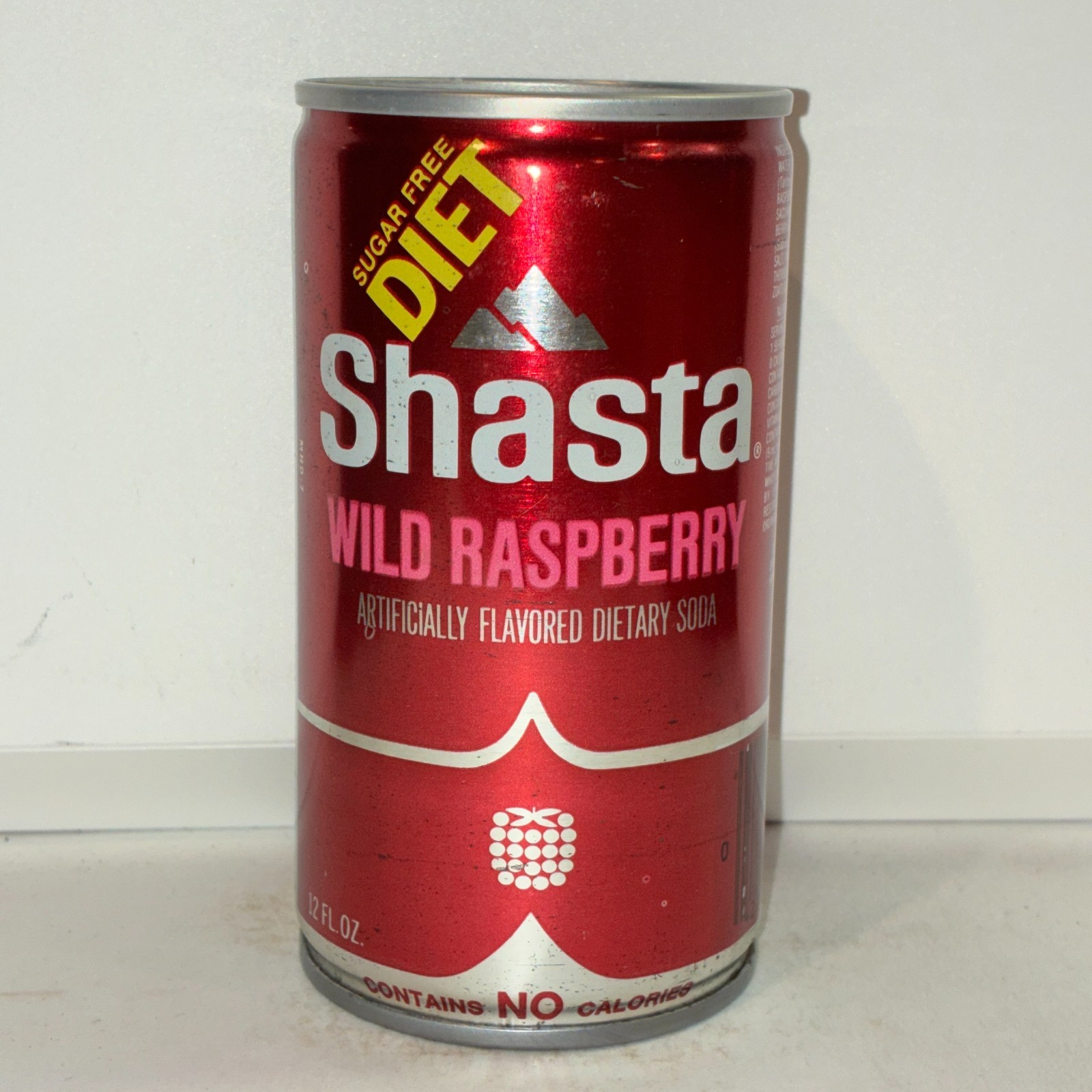 Shasta Diet Wild Raspberry Soda can, crimped steel, bottom opened
