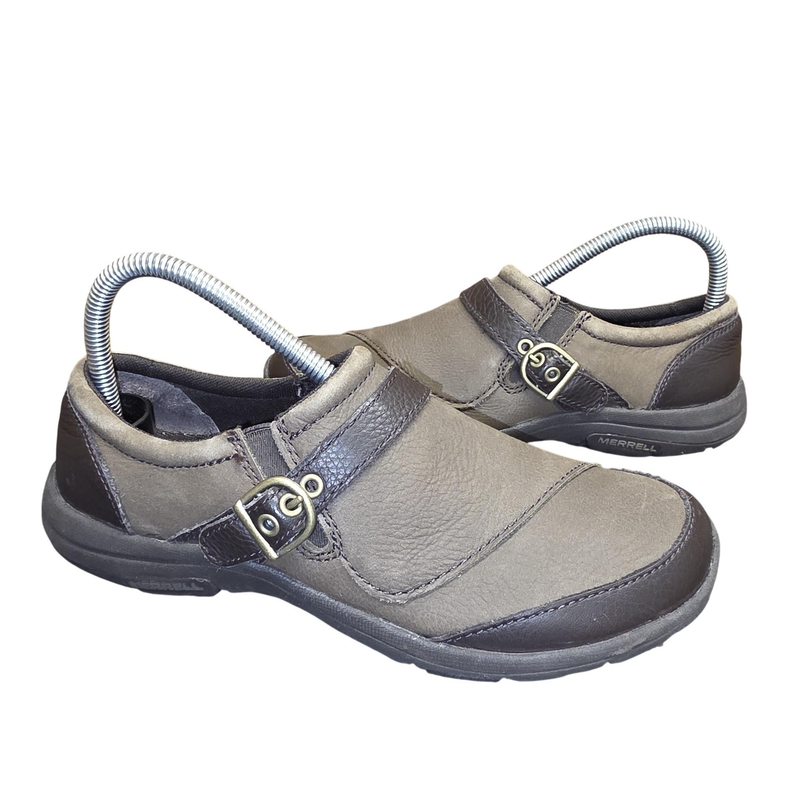 Merrell Shoes Womens Size 7.5 Brown Leather Slip On Buckle Comfort Walking