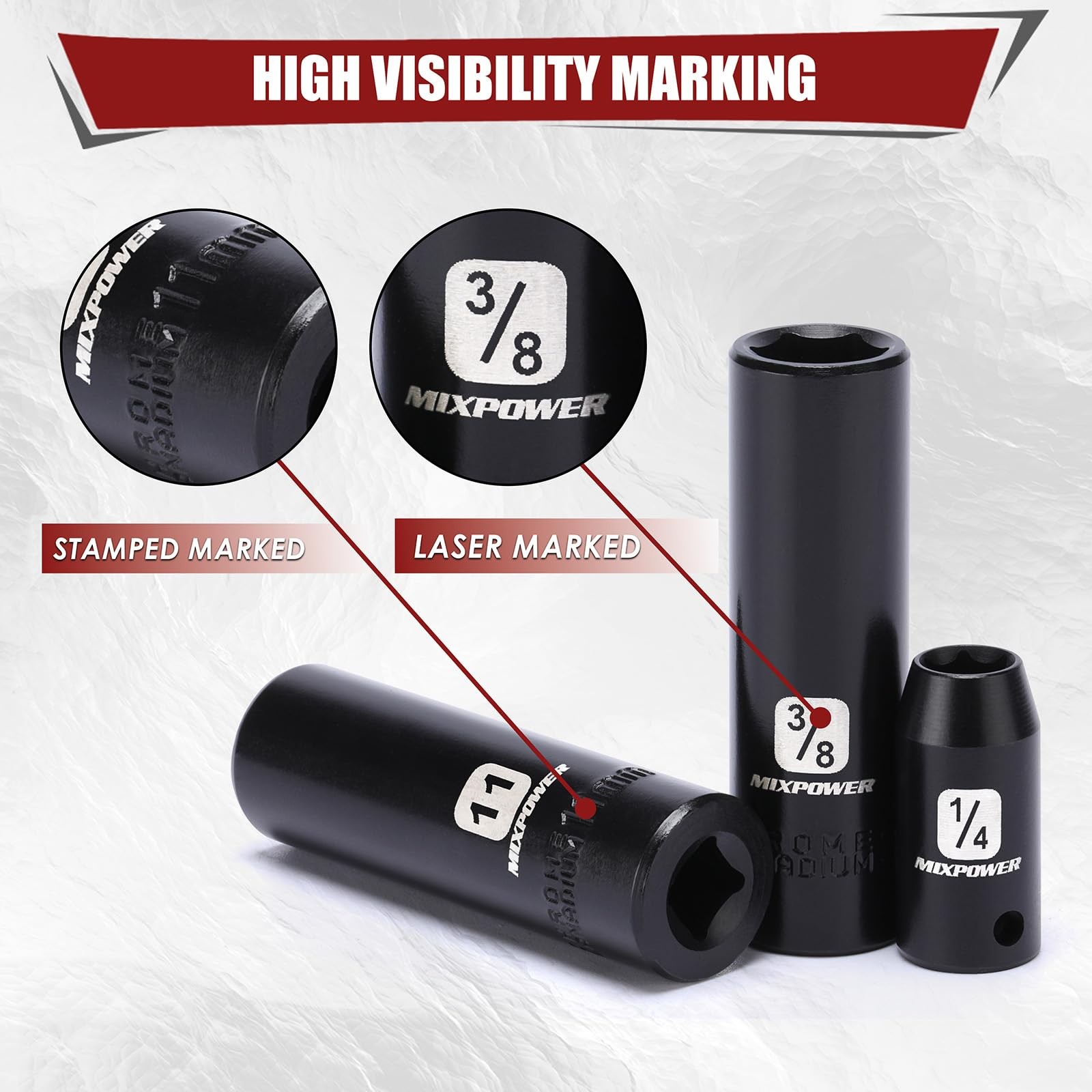MIXPOWER 50 Pieces 1/4" Dr. Impact Socket Without Accessories, Black