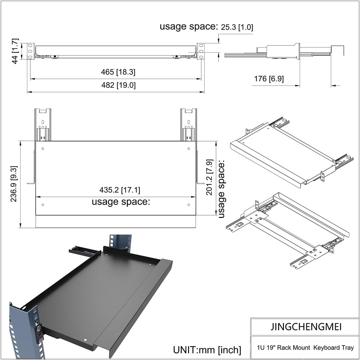 1U Keyboard Tray 8"Deep -Universal 19"Rack Mount Sliding Shelf for Network