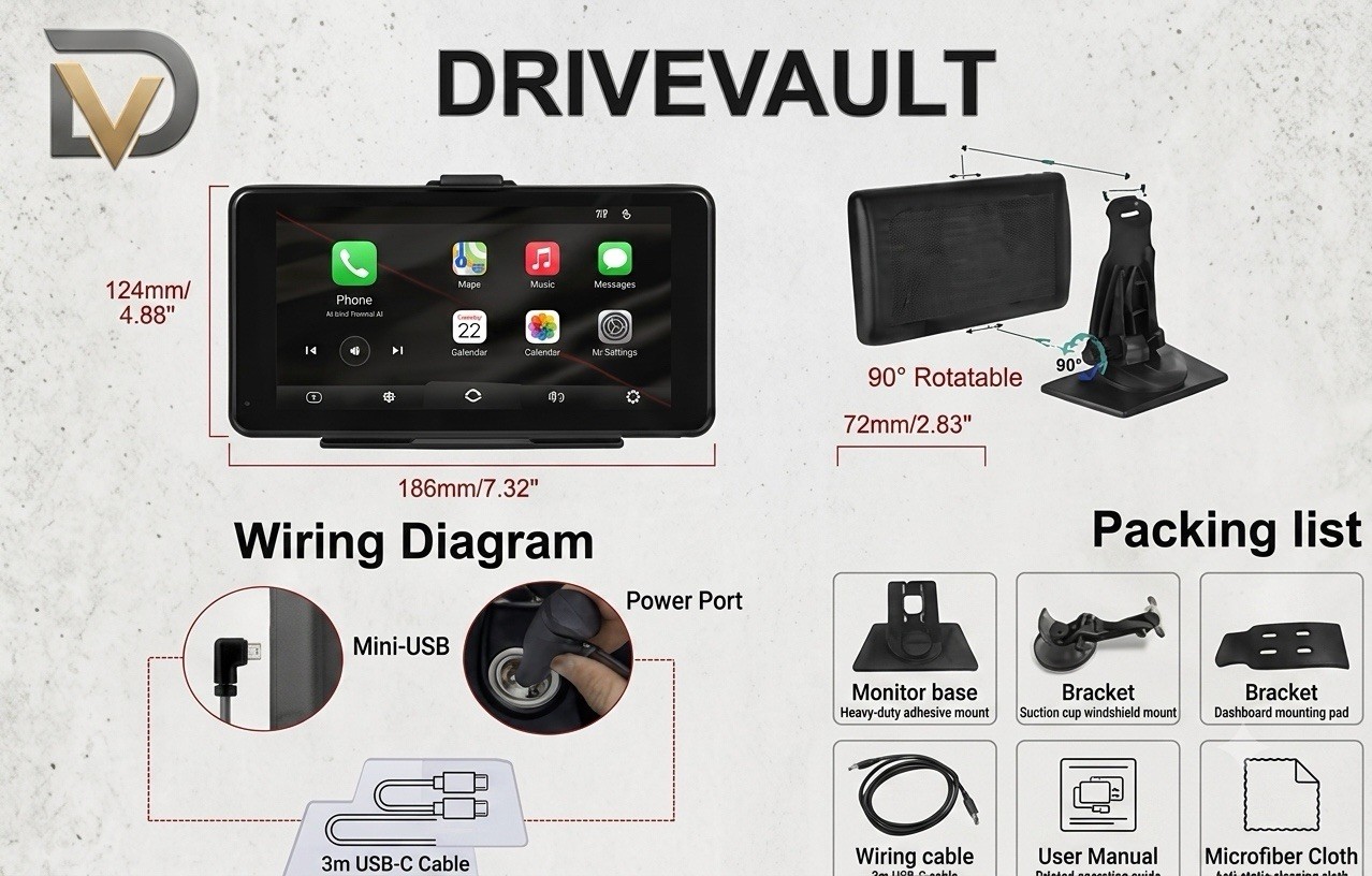 DriveVault 7” Wireless Apple CarPlay & Android Auto Smart Screen
