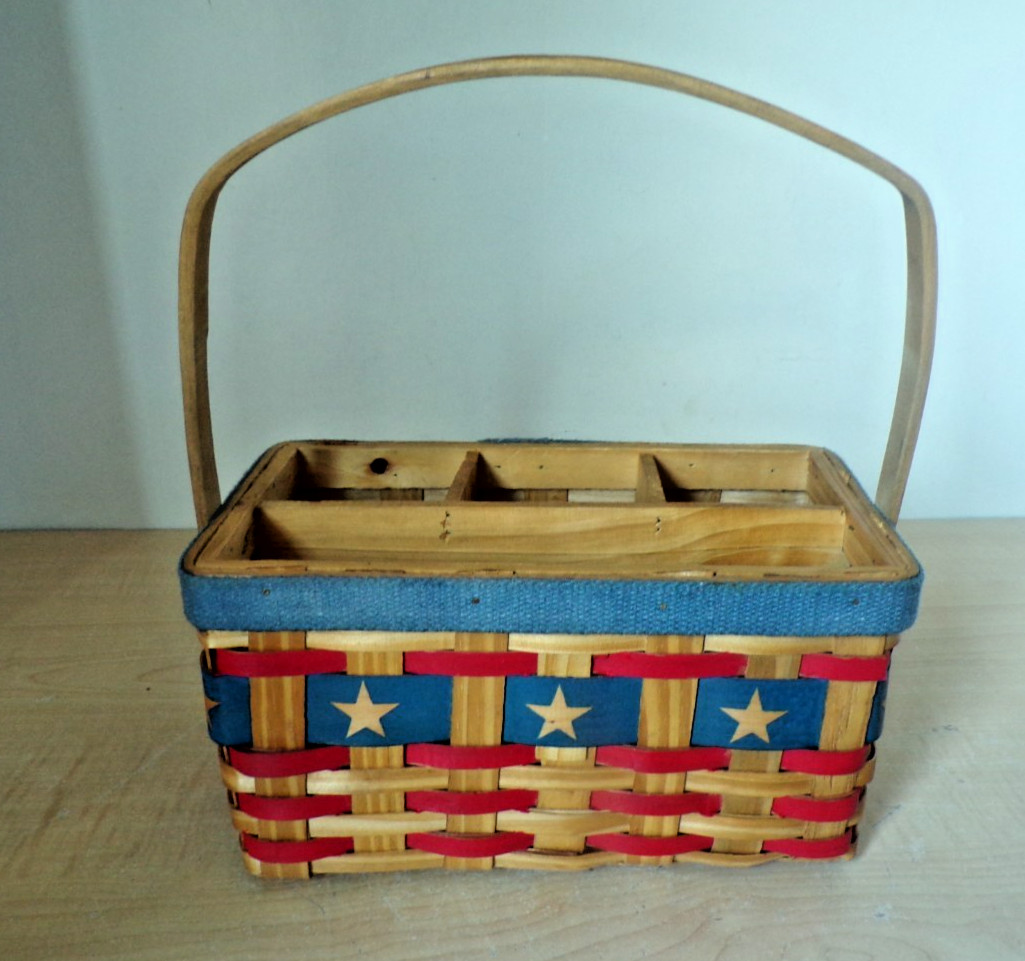 Patriotic Wicker Silverware Napkin Basket 4 Section Handle Red Blue e Star Deco