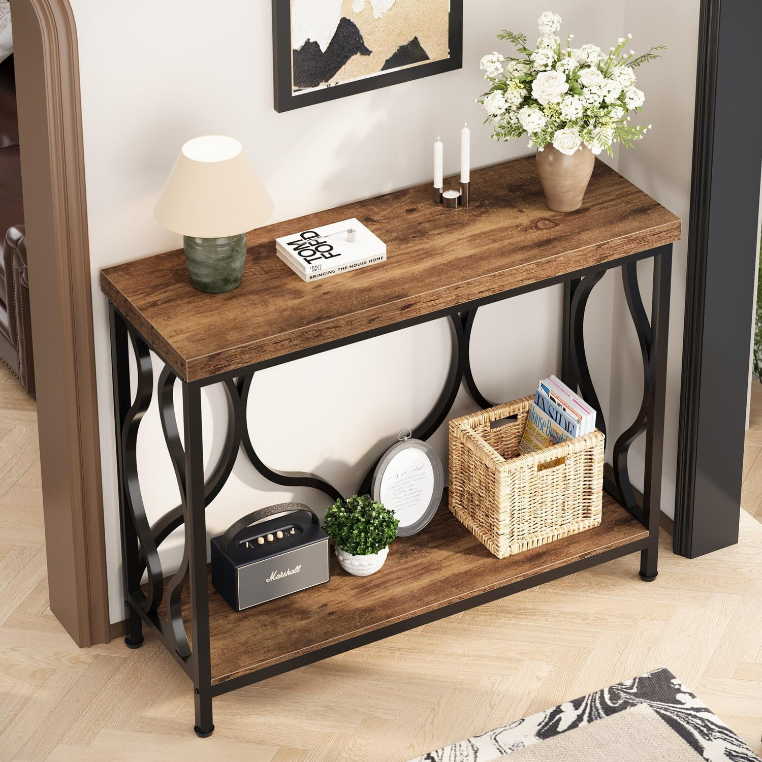 39.4" Console Sofa Table, Farmhouse Entryway Table Hallway Rustic Brown | Indust