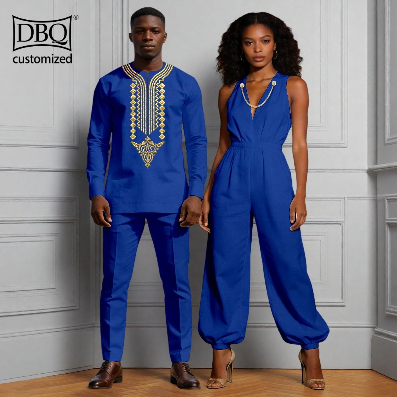 African Couple Cloth Custom Made Men Shirt Pants Set Women Sleeveless Jumpsuit
