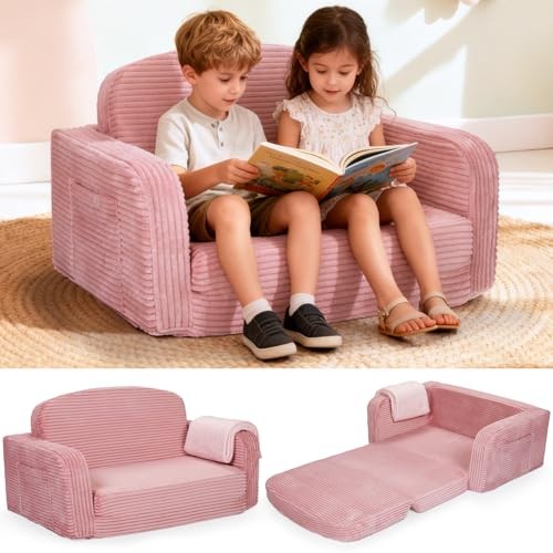 Foryoomi Extra Wide 2 in 1 Convertible Toddler Kids Couch - Corduroy Large Pink